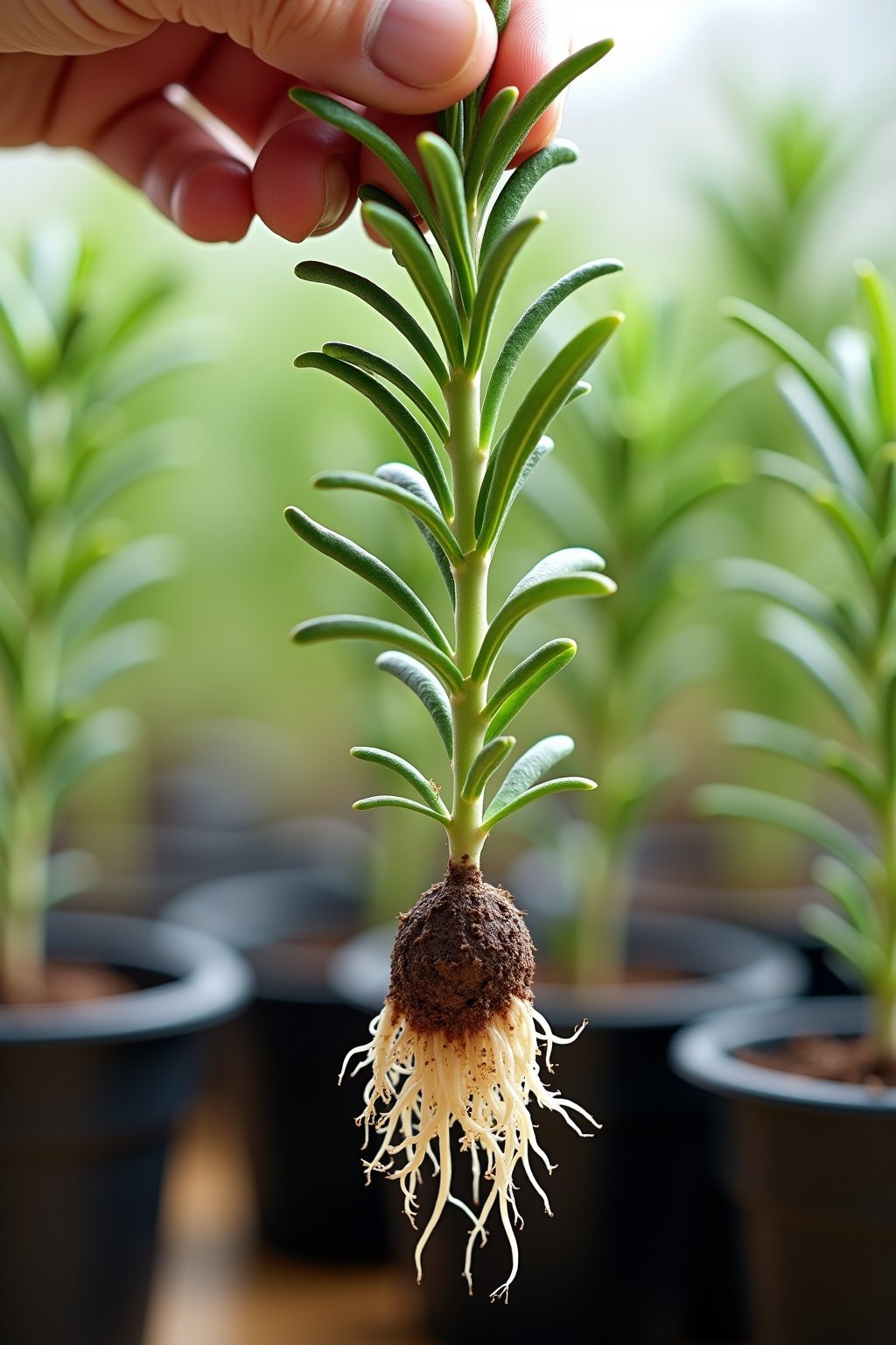 Close-up photograph of a rosemary cutting with new white roots emerging from the bottom of the stem after 3 weeks of propagation, the cutting being held up with roots visible against a blurred back...