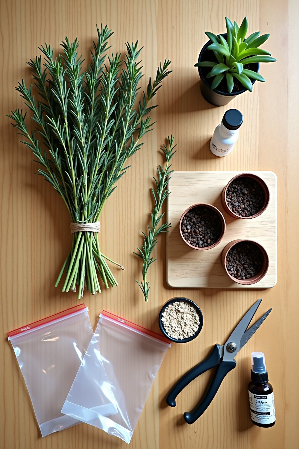 Overhead flat lay of rosemary propagation supplies: fresh green rosemary cuttings on a cutting board, small pots filled with perlite, a container of rooting hormone powder, sharp pruning scissors, ...