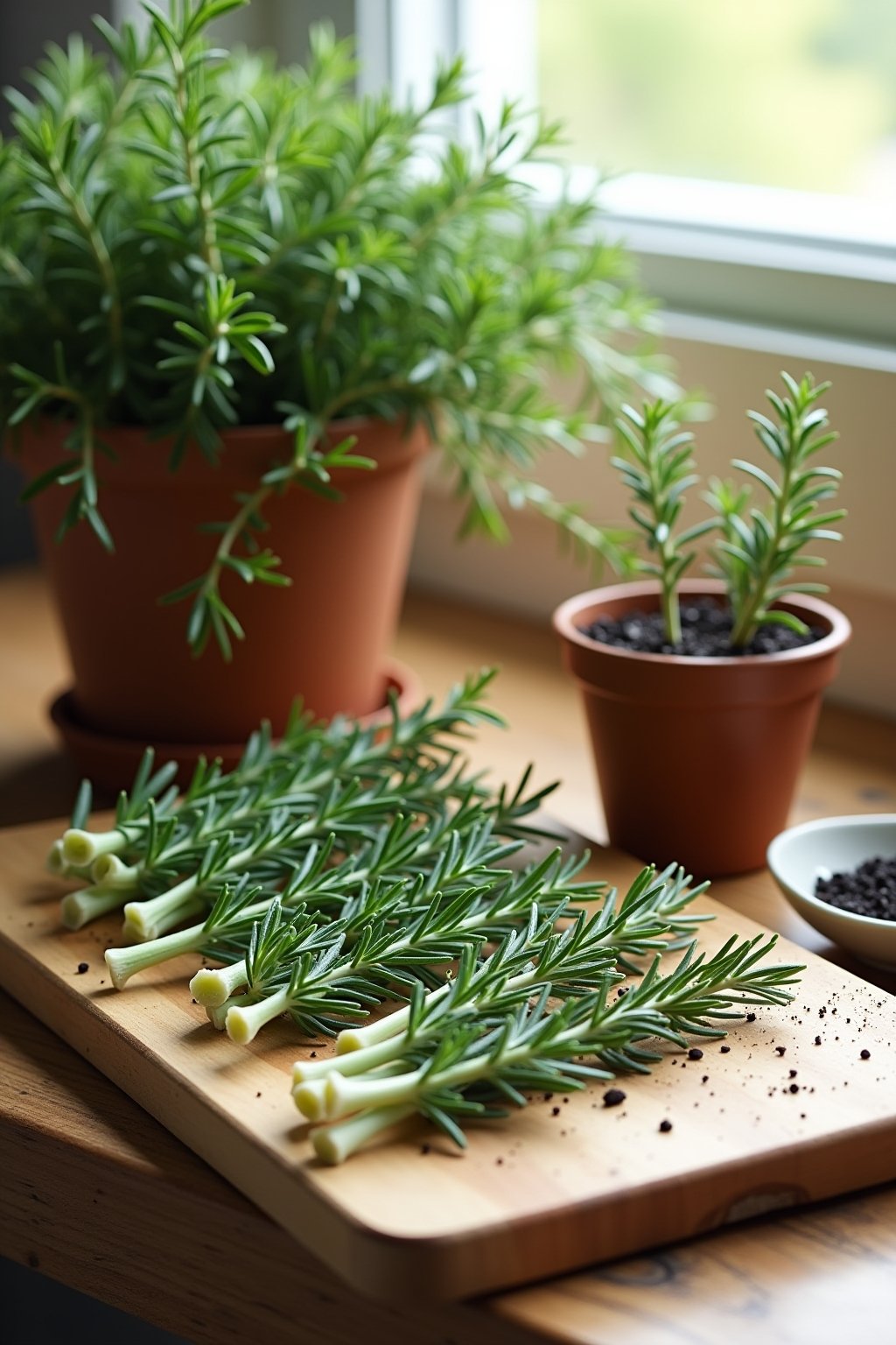 Fresh rosemary cuttings being prepared for propagation on a wooden cutting board, several 4-inch green stem cuttings with lower leaves stripped, a small pot of perlite with two cuttings already pla...