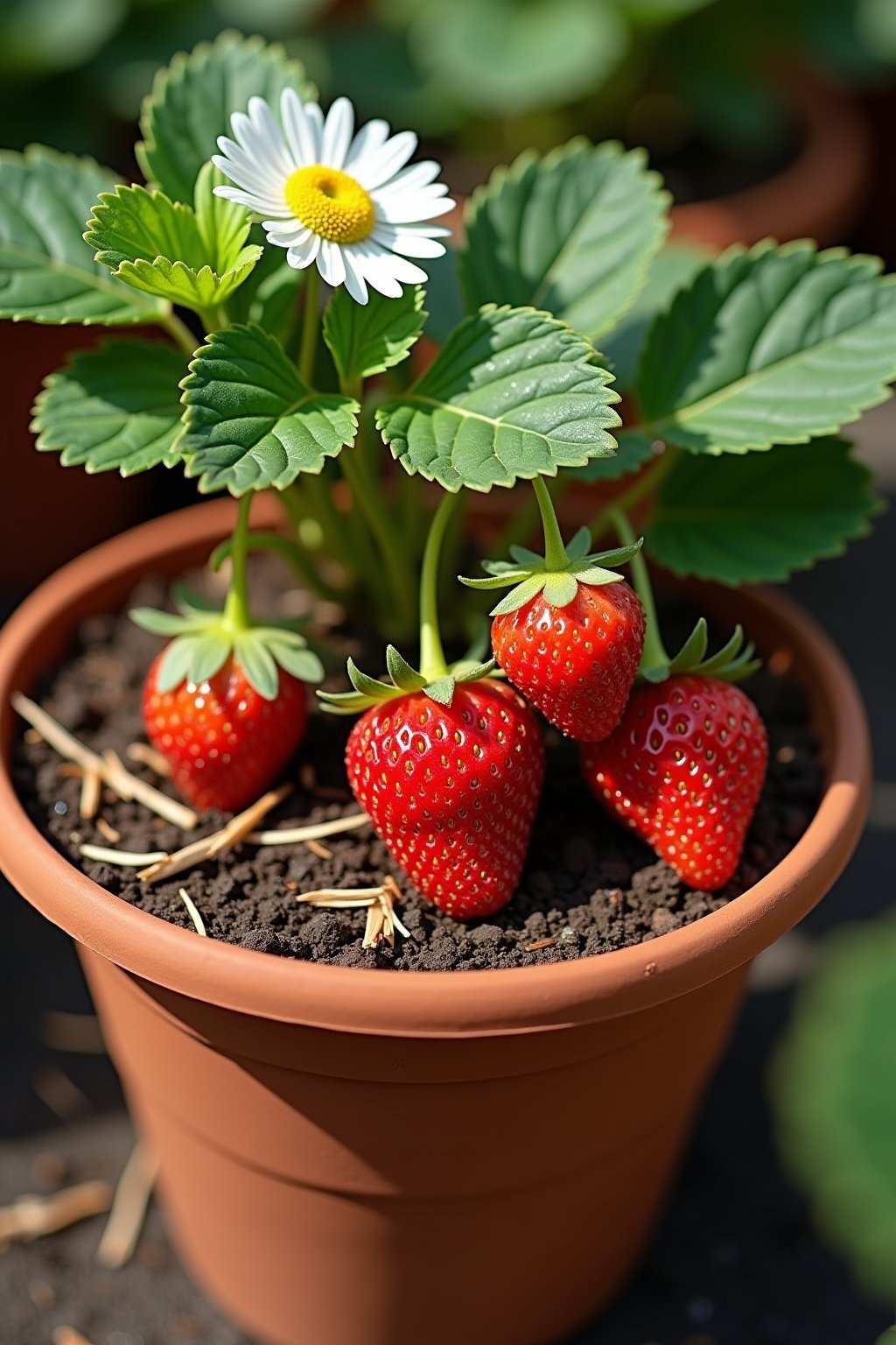 Close-up overhead photograph of a strawberry plant in a terracotta pot showing ripe red berries, white flowers, and green leaves, straw mulch visible on the soil surface, morning dew on the berries...