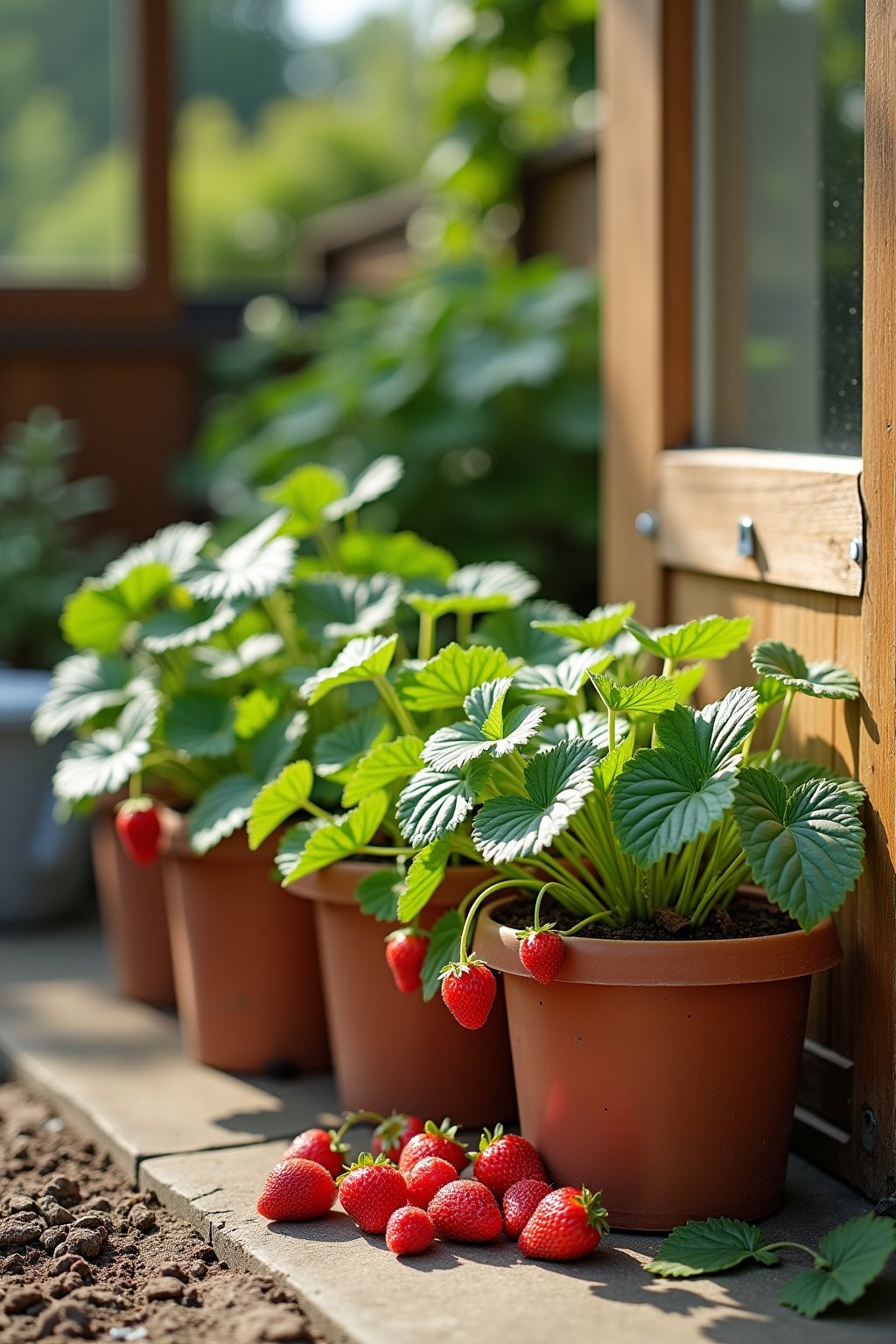 A sunny patio corner with multiple containers of strawberry plants at different stages: one with flowers, one with green berries, one with ripe red berries, a small watering can nearby, a bag of po...