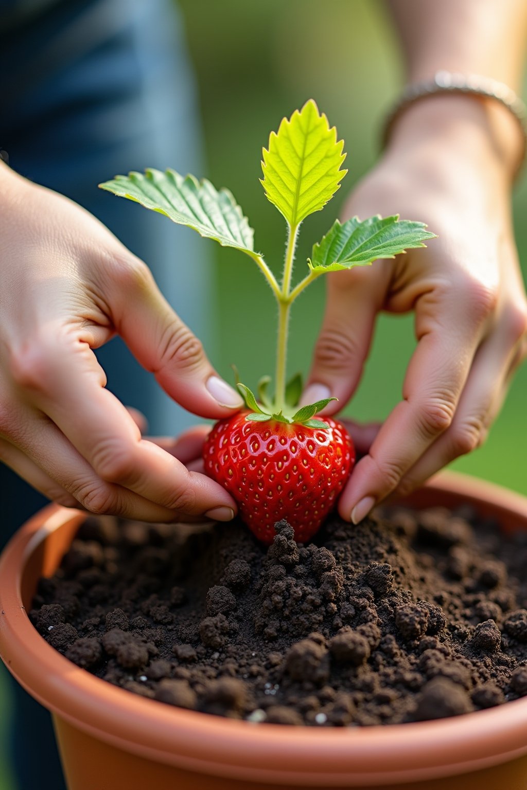 Close-up hands planting a strawberry plant in a pot, showing the correct crown placement at soil level, roots spread over a small soil mound, potting mix and compost visible, a bright patio setting...