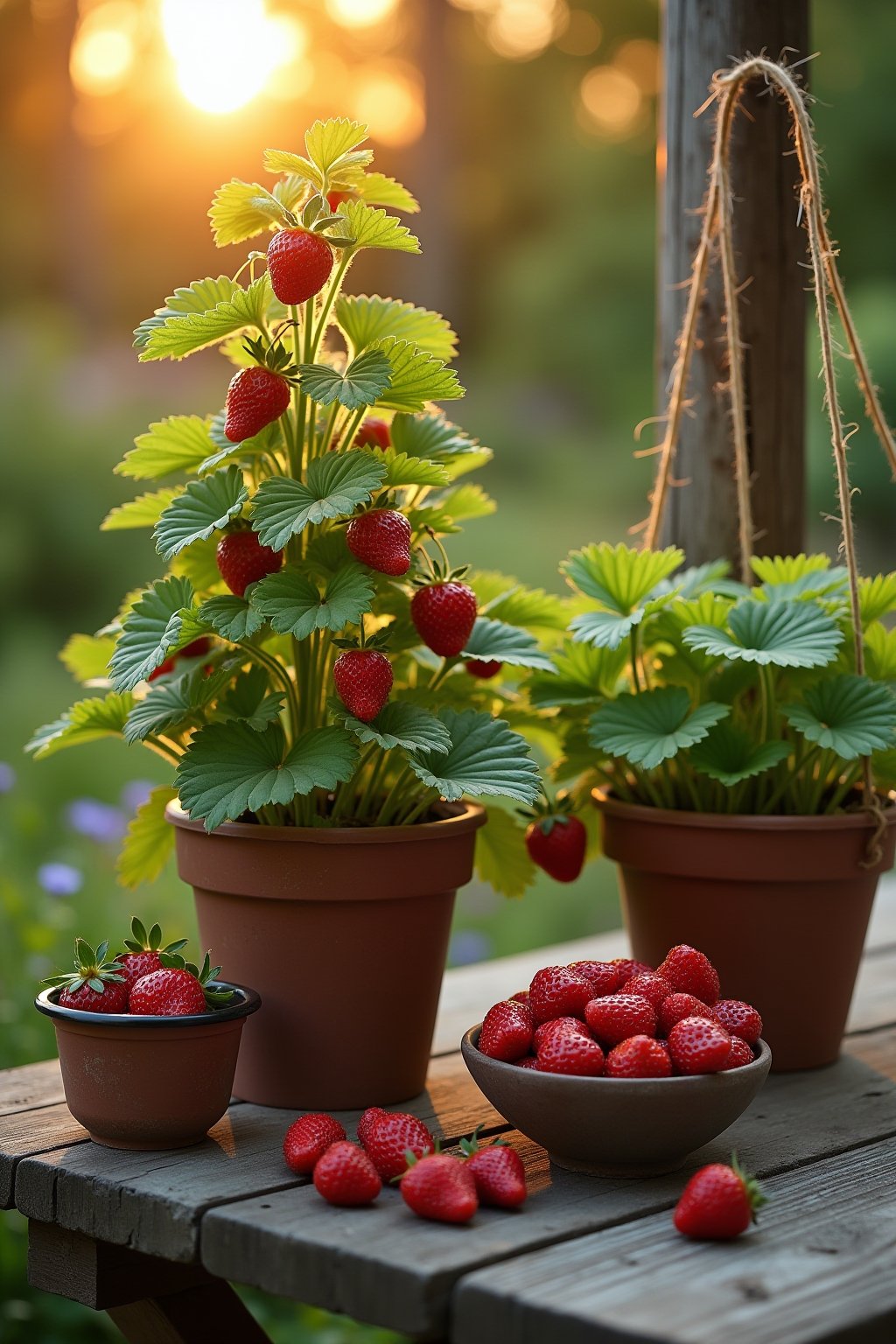 A collection of container strawberry plants at golden hour showing a strawberry tower, hanging basket, and window box all loaded with ripe red berries, a small bowl overflowing with freshly picked ...