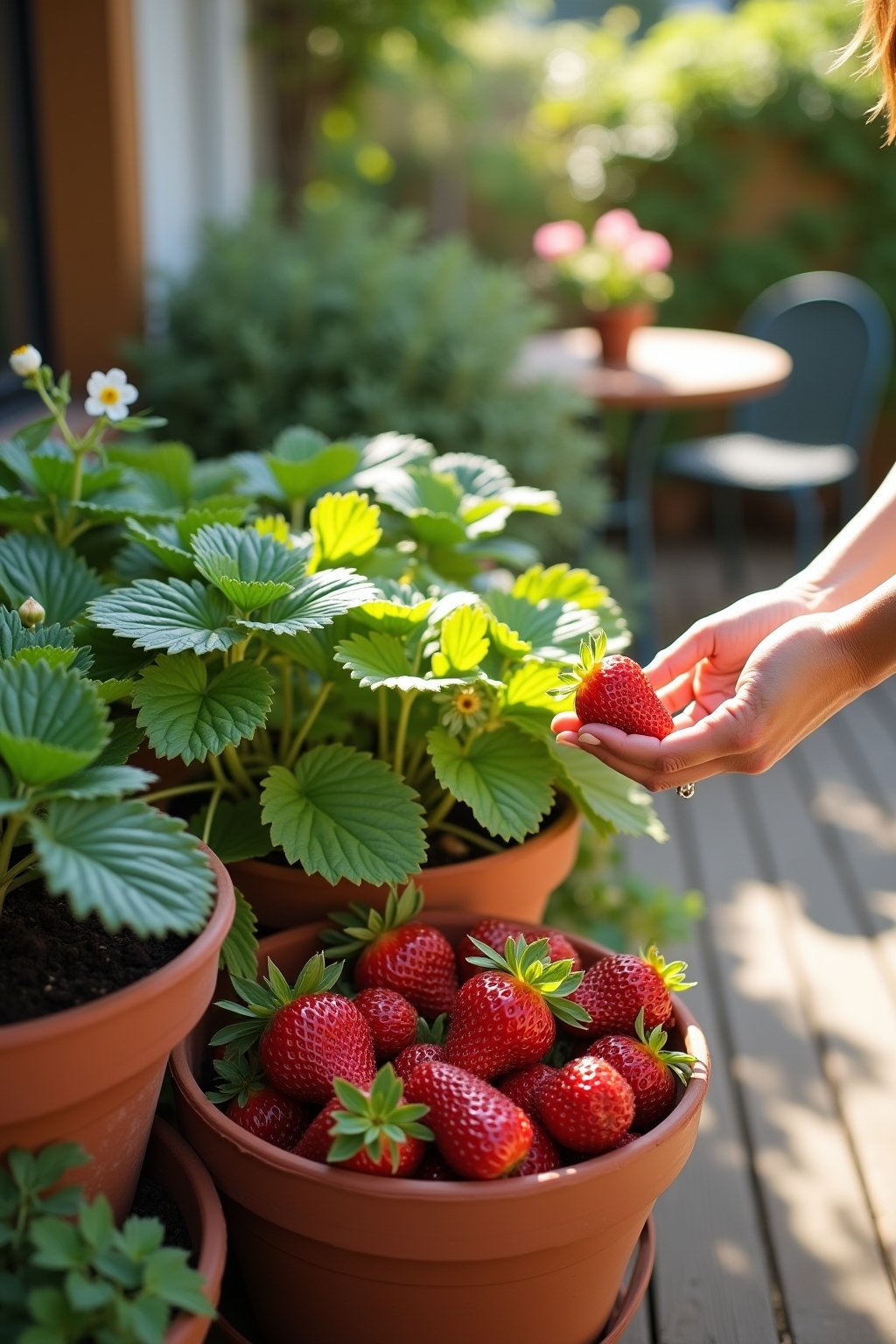 Beautiful ripe red strawberries growing in terracotta pots and hanging baskets on a sunny patio, multiple containers showing lush strawberry plants with white flowers and red berries, a woman picki...