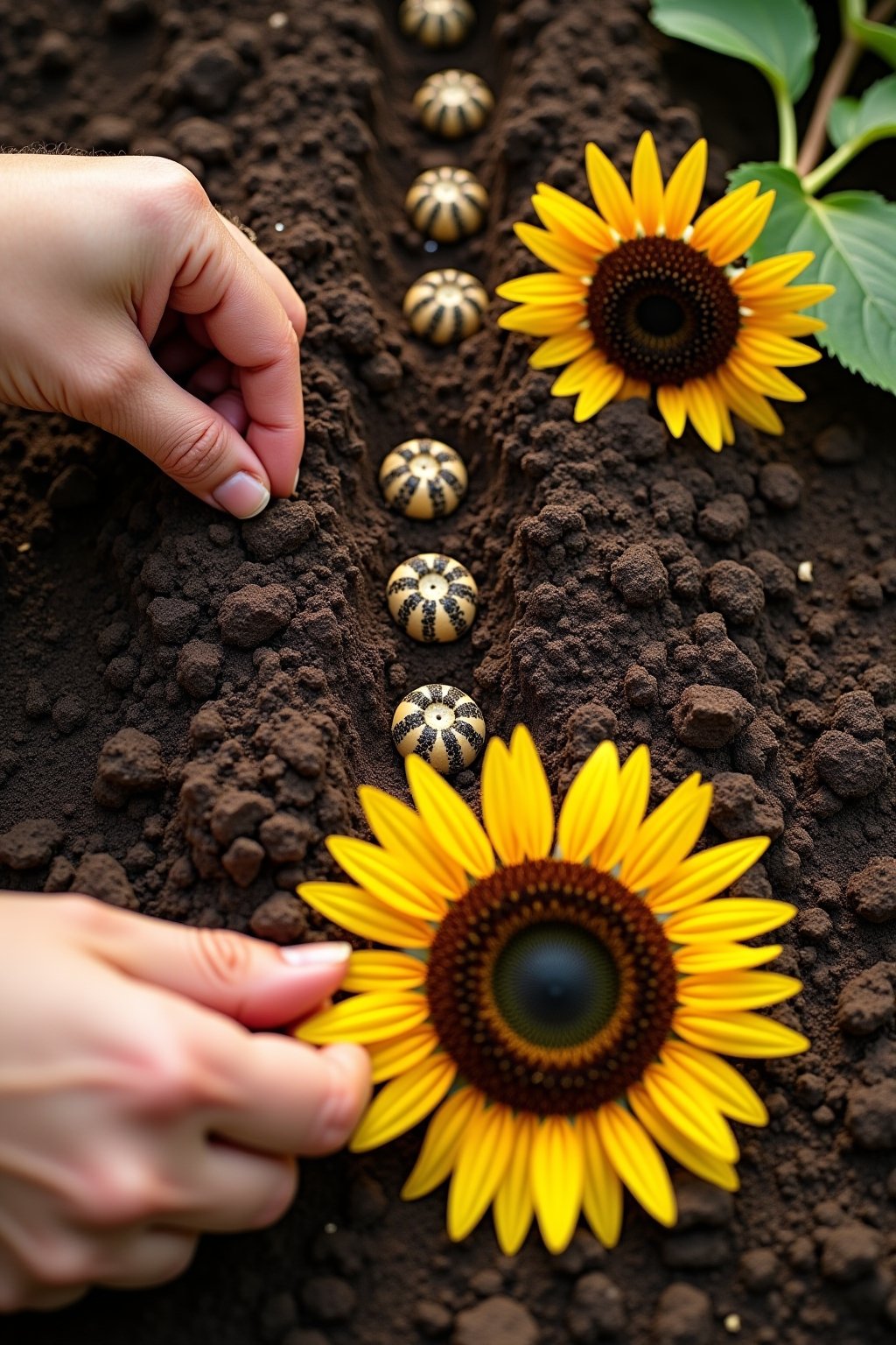 Close-up overhead photograph of sunflower seeds being planted: large striped sunflower seeds in a row in dark garden soil, a hand pressing a seed 1 inch deep, a seed packet nearby, fresh compost vi...
