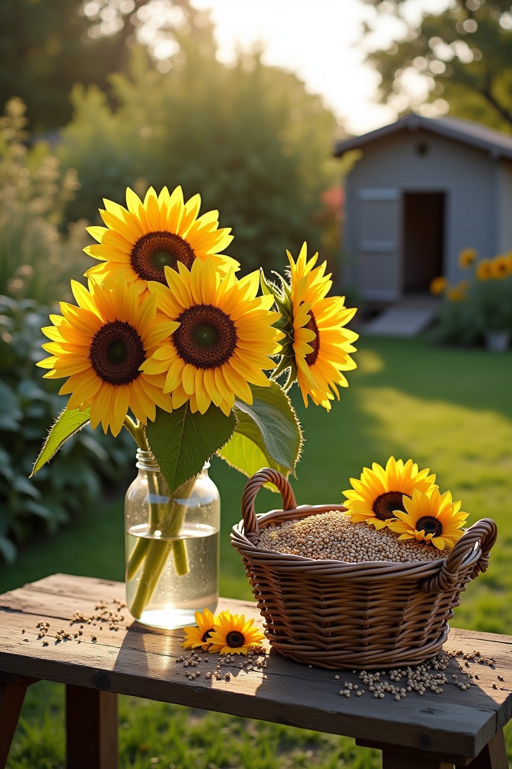 A garden harvest scene with giant dried sunflower heads showing plump seeds, a wicker basket of harvested sunflower seeds, a few fresh yellow sunflowers in a mason jar vase on a rustic wooden table...