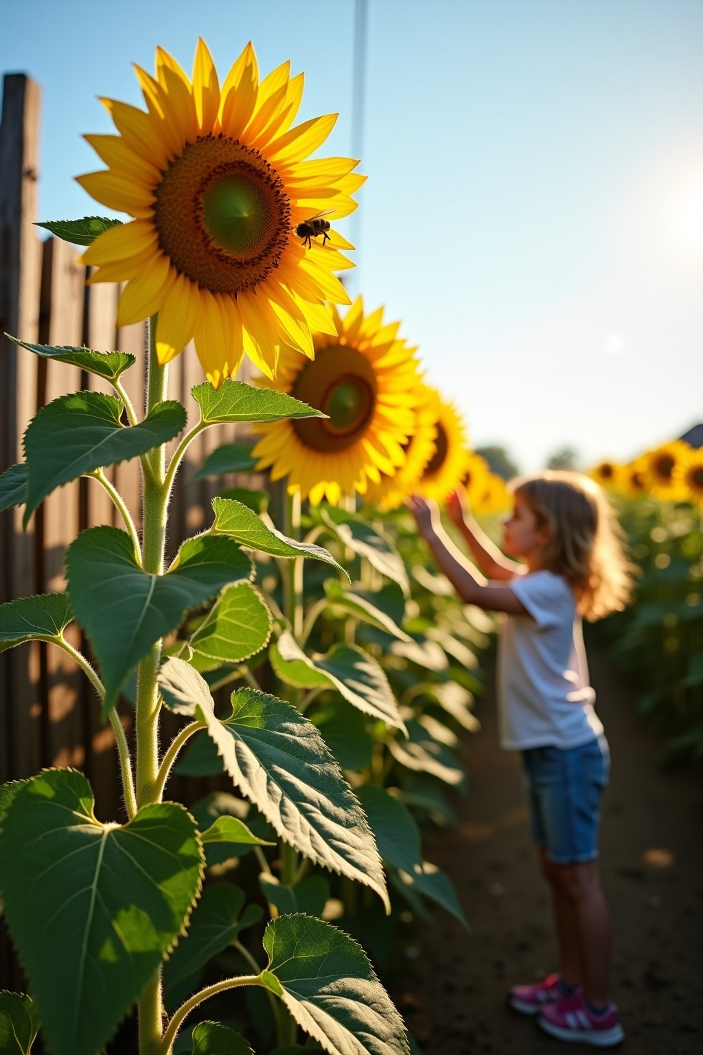 A stunning garden row of tall sunflowers in full bloom, multiple bright yellow sunflower heads facing the sun, green leaves, a clear blue sky background, a rustic wooden fence, warm golden afternoo...