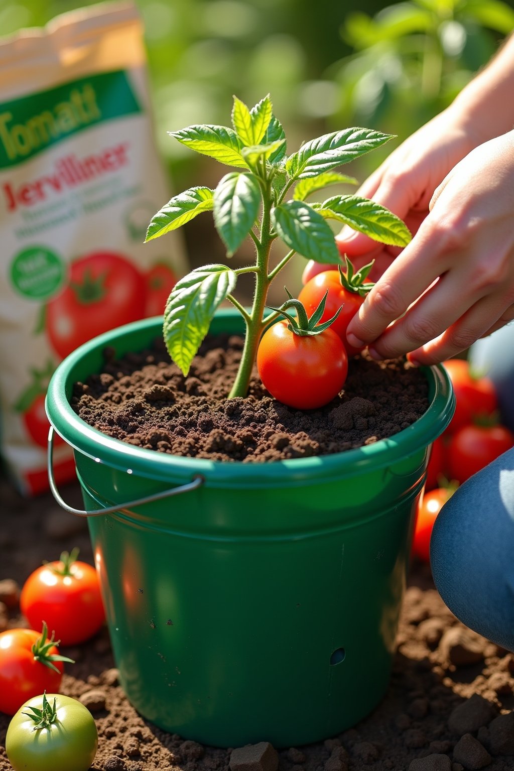 Close-up photograph of a 5-gallon bucket being prepared for planting: drainage holes drilled in the bottom visible, a tomato seedling being planted deep with lower leaves removed, rich dark potting...