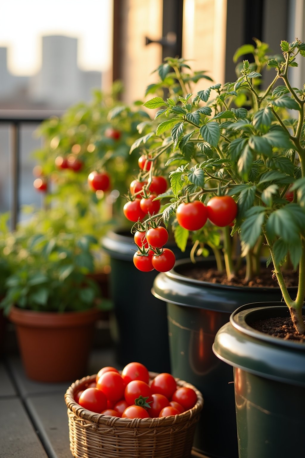 A balcony container garden with several 5-gallon bucket tomato plants in full production, clusters of ripe red cherry tomatoes hanging from vines, a small harvest basket with freshly picked tomatoe...