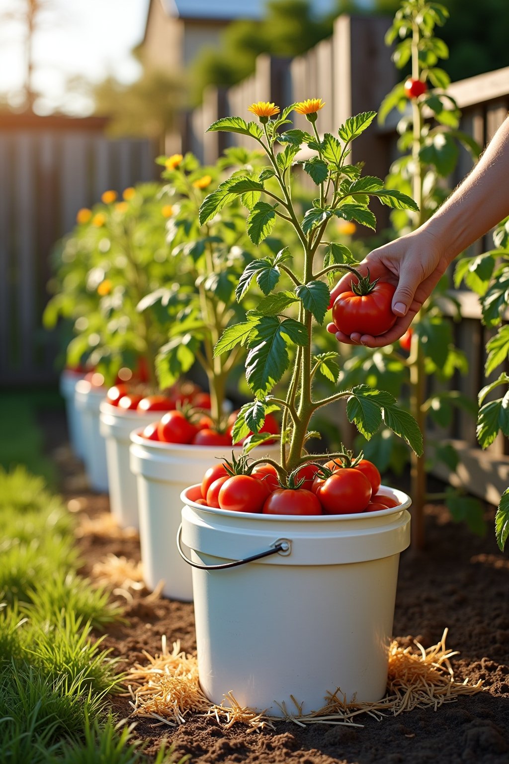 A sunny patio with a row of white 5-gallon buckets growing healthy tomato plants loaded with ripe red tomatoes, green leaves and yellow flowers visible, tomato cages supporting the plants, straw mu...