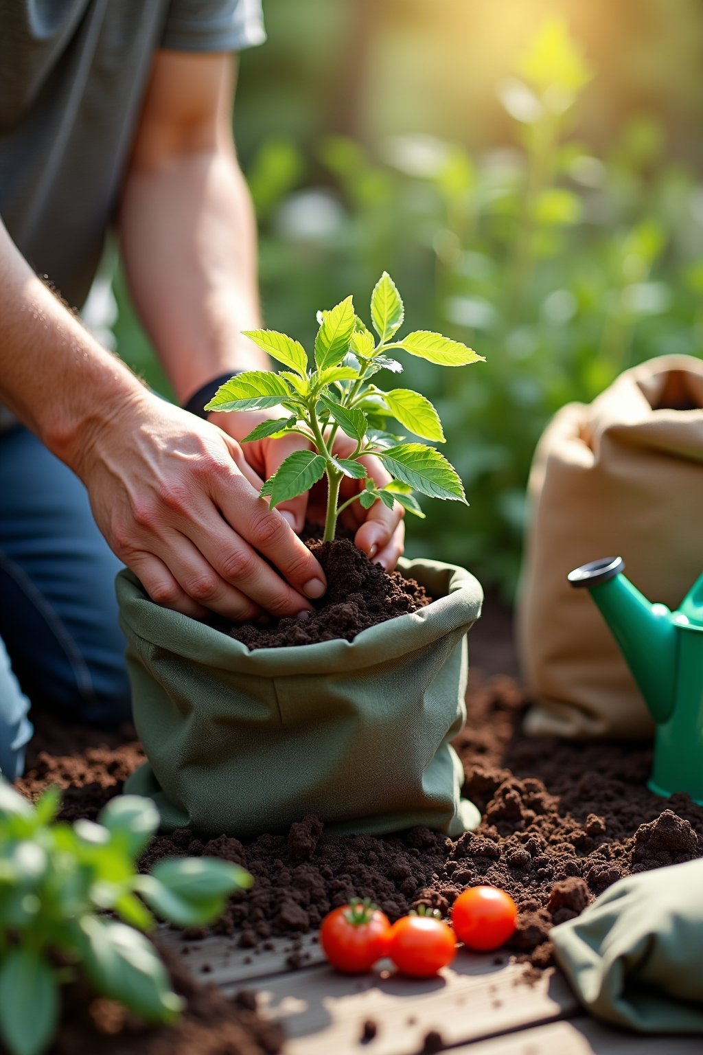 Close-up hands planting a tomato seedling deep into a large fabric grow bag filled with dark potting mix, the lower leaves removed to show the buried stem technique, a watering can and bag of compo...