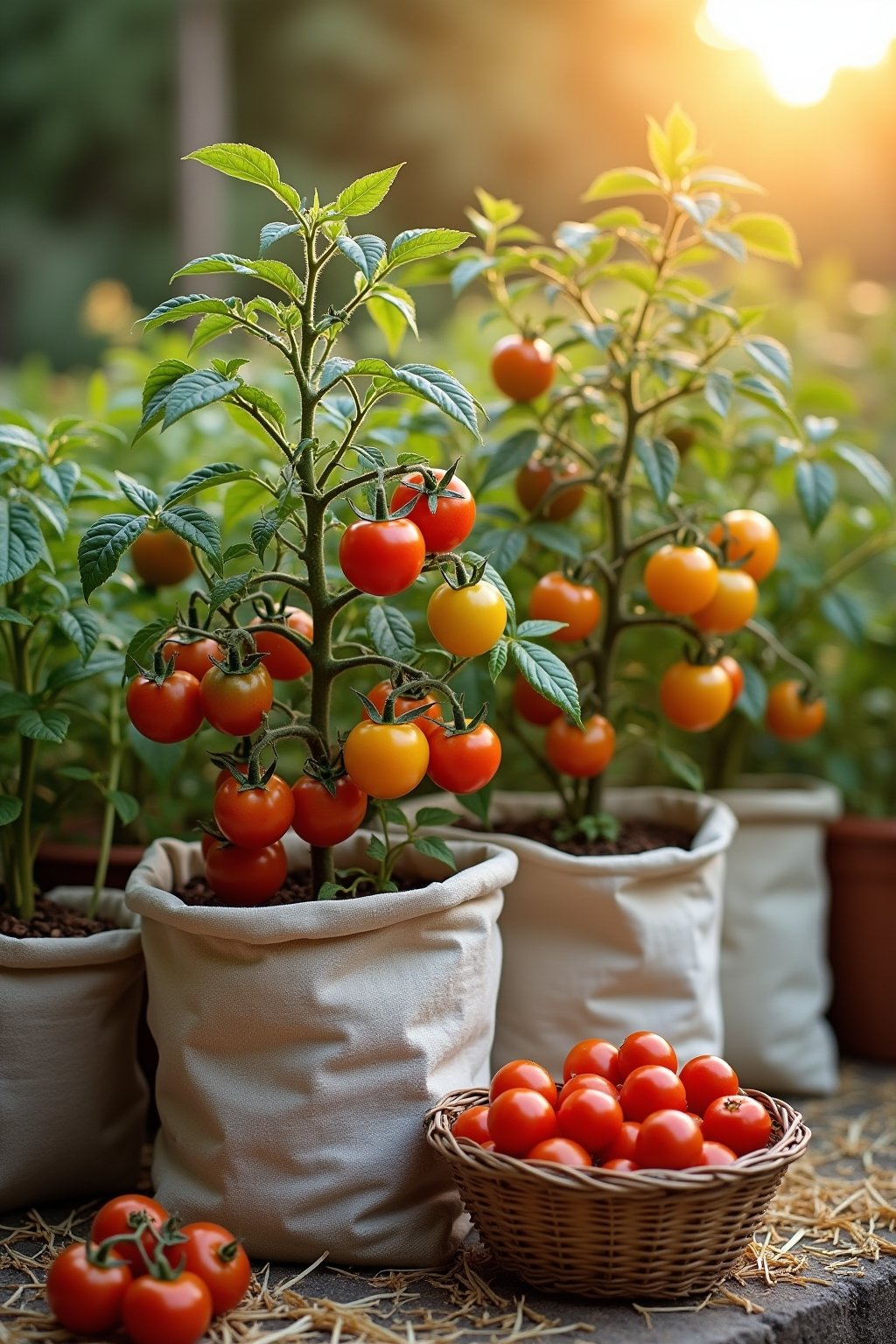 A stunning display of container tomato plants on a small patio at golden hour, multiple fabric grow bags with different tomato varieties showing clusters of ripe red and yellow cherry tomatoes, a s...