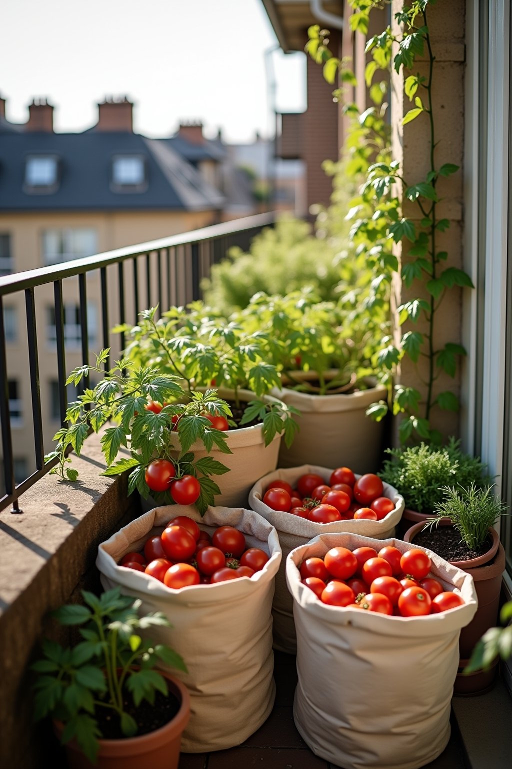 A sunny apartment balcony with large fabric grow bags and pots containing thriving tomato plants loaded with ripe red cherry tomatoes, a woman picking tomatoes into a bowl, a trellis against the wa...