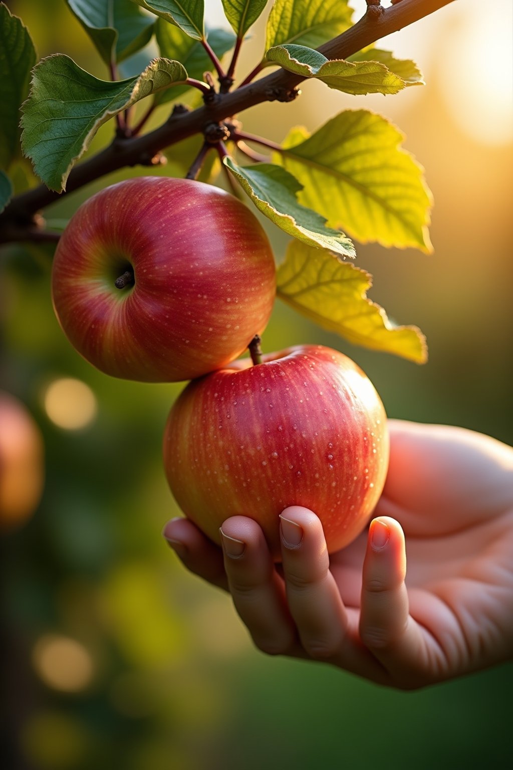 Close-up photograph of ripe red and yellow apples hanging on a branch with green leaves and dappled sunlight, dewdrops on the fruit, one apple being gently twisted off the branch by a hand, beautif...