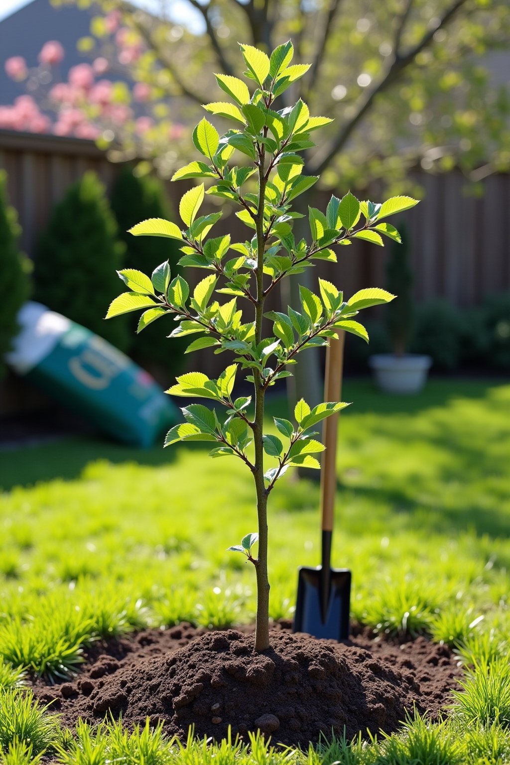 A newly planted young apple tree in a backyard with a tree stake and mulch ring around the base, the graft union visible above the soil line, a shovel and bag of compost nearby, a second young appl...