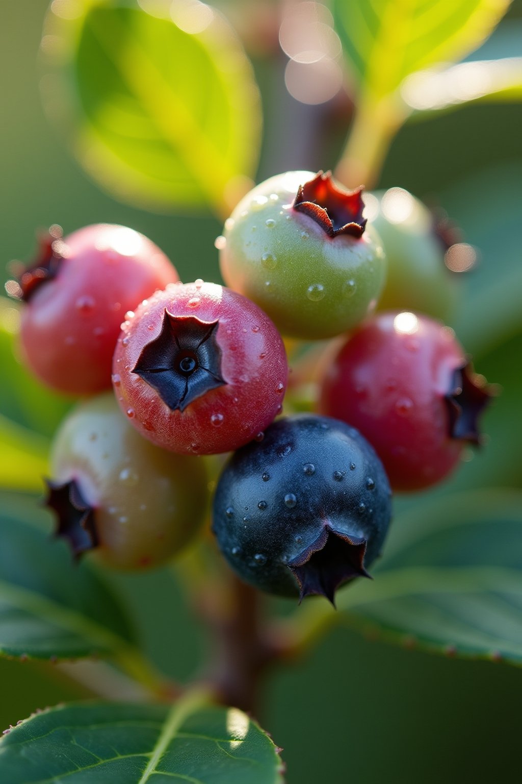 Close-up macro photograph of a cluster of blueberries on a branch showing different stages of ripeness: green, reddish-purple, and fully ripe dark blue berries in the same cluster, morning dew on t...