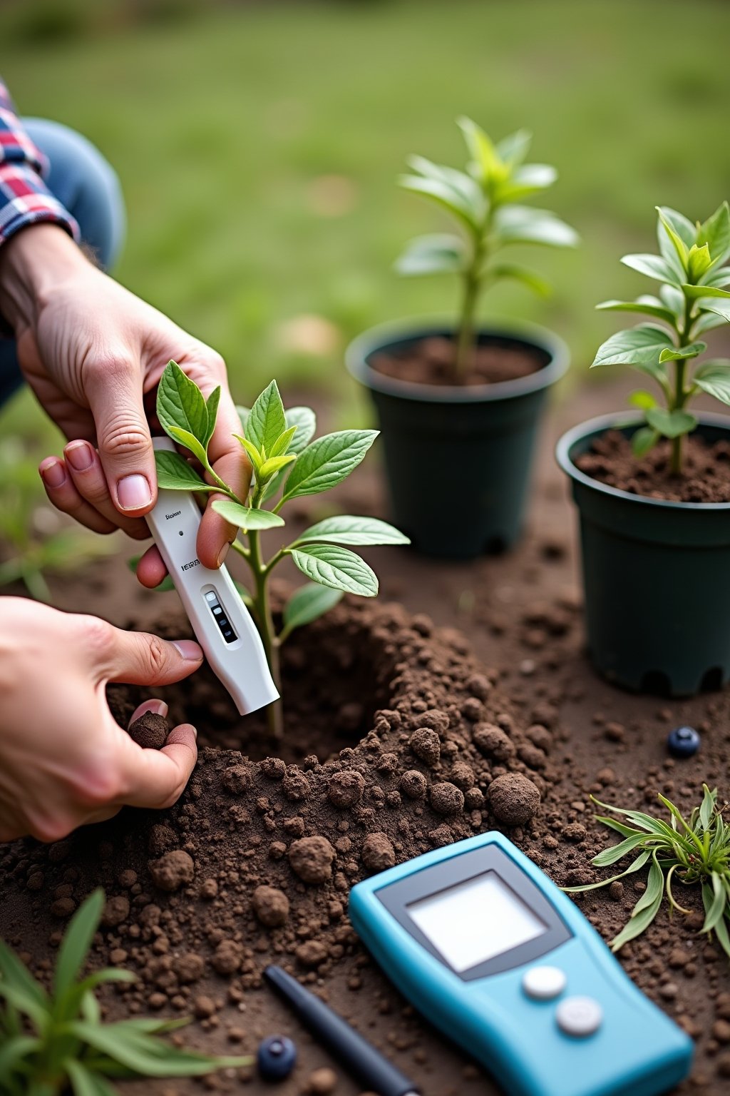 A person preparing a planting hole for a blueberry bush, mixing peat moss into the soil, a soil pH test kit on the ground showing acidic reading, two young blueberry bushes in nursery pots waiting ...