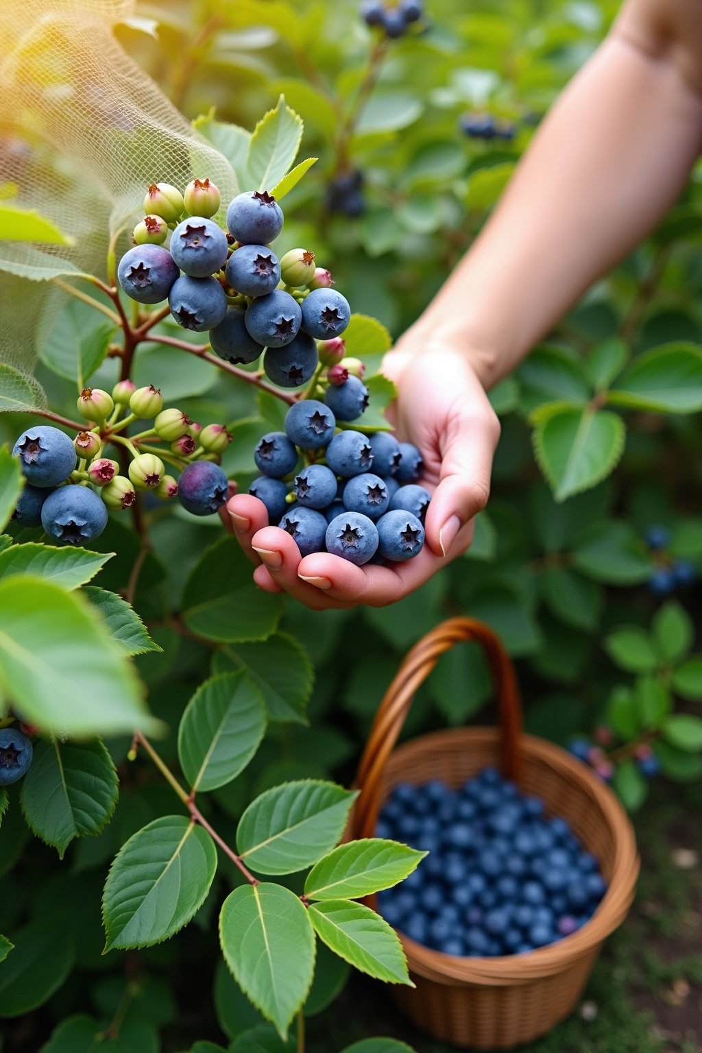 A healthy blueberry bush loaded with clusters of ripe blue berries and some unripe green and purple berries, a hand picking a cluster of ripe blueberries, bright green leaves, bird netting partiall...