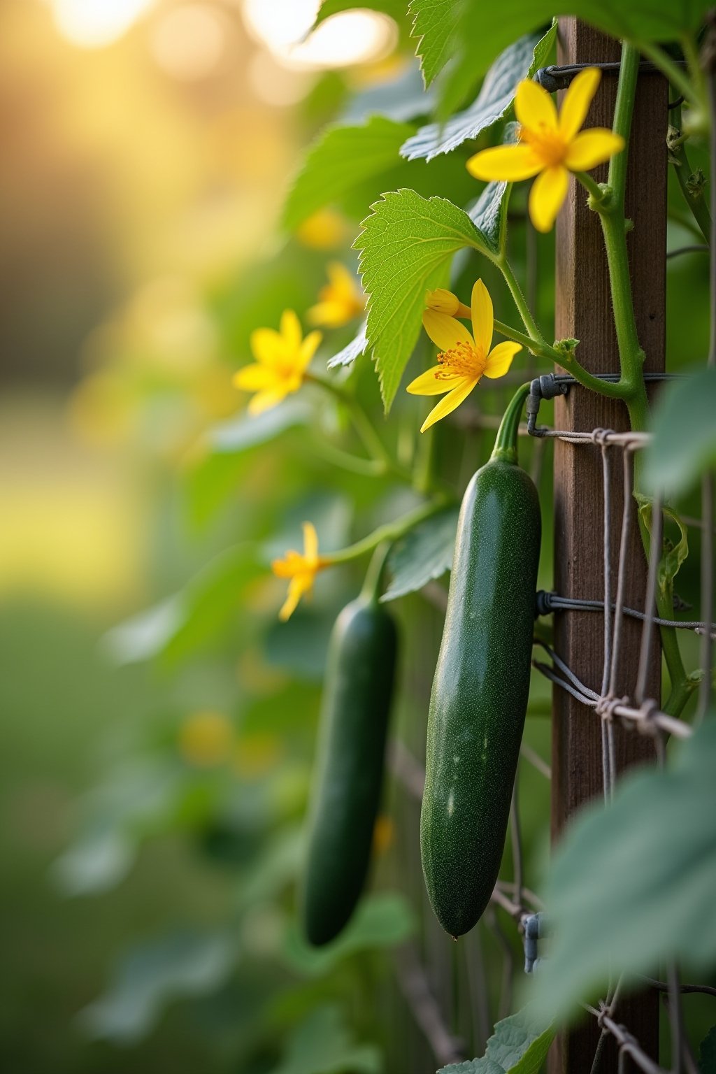 Close-up of cucumber vines climbing a wire cattle panel trellis, showing green tendrils wrapping around the wire grid, yellow cucumber flowers blooming, a few small dark green cucumbers hanging str...