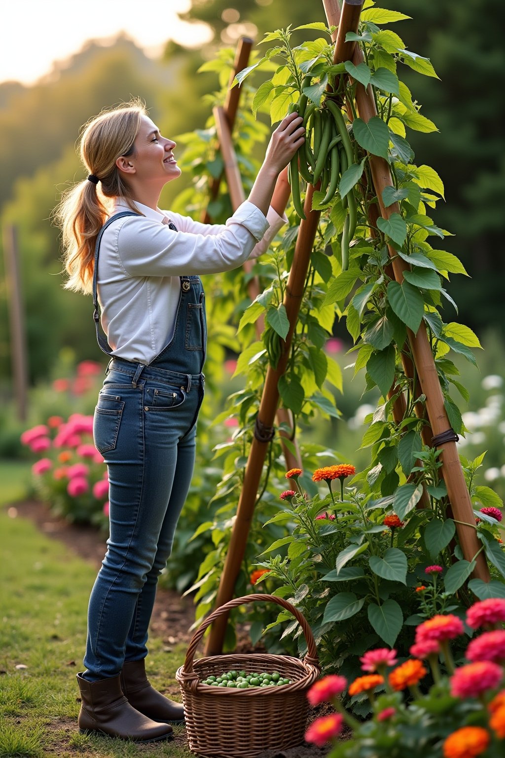 A gardener reaching up to pick ripe green pole beans from a tall bamboo teepee trellis covered in bean vines with green and purple beans hanging down, a wicker harvest basket on the ground filled w...