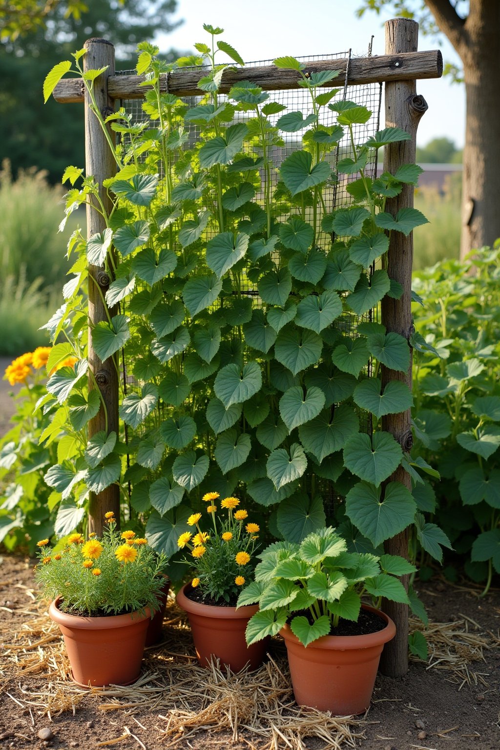 A stunning vertical vegetable garden with tall green pole beans climbing a rustic wooden trellis structure, sugar snap peas with white flowers on garden netting, vining cucumbers with yellow flower...