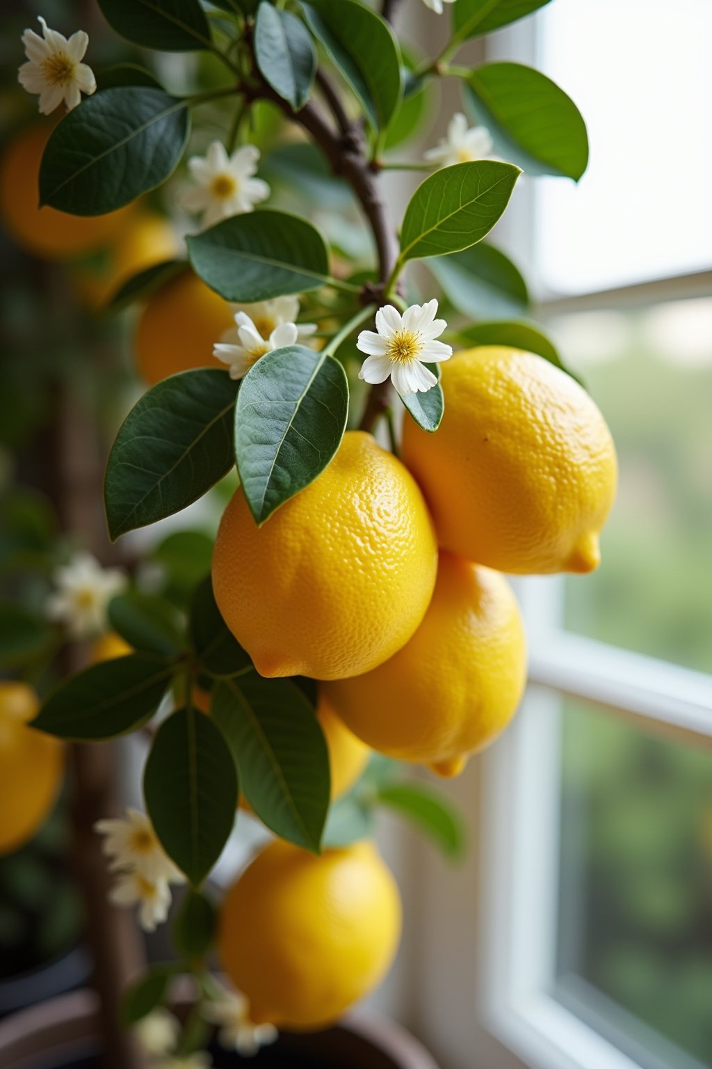 Close-up photograph of ripe yellow Meyer lemons hanging on a potted tree branch with white blossoms, glossy green leaves, bright natural light, focus on the texture of the lemon skin, indoor settin...