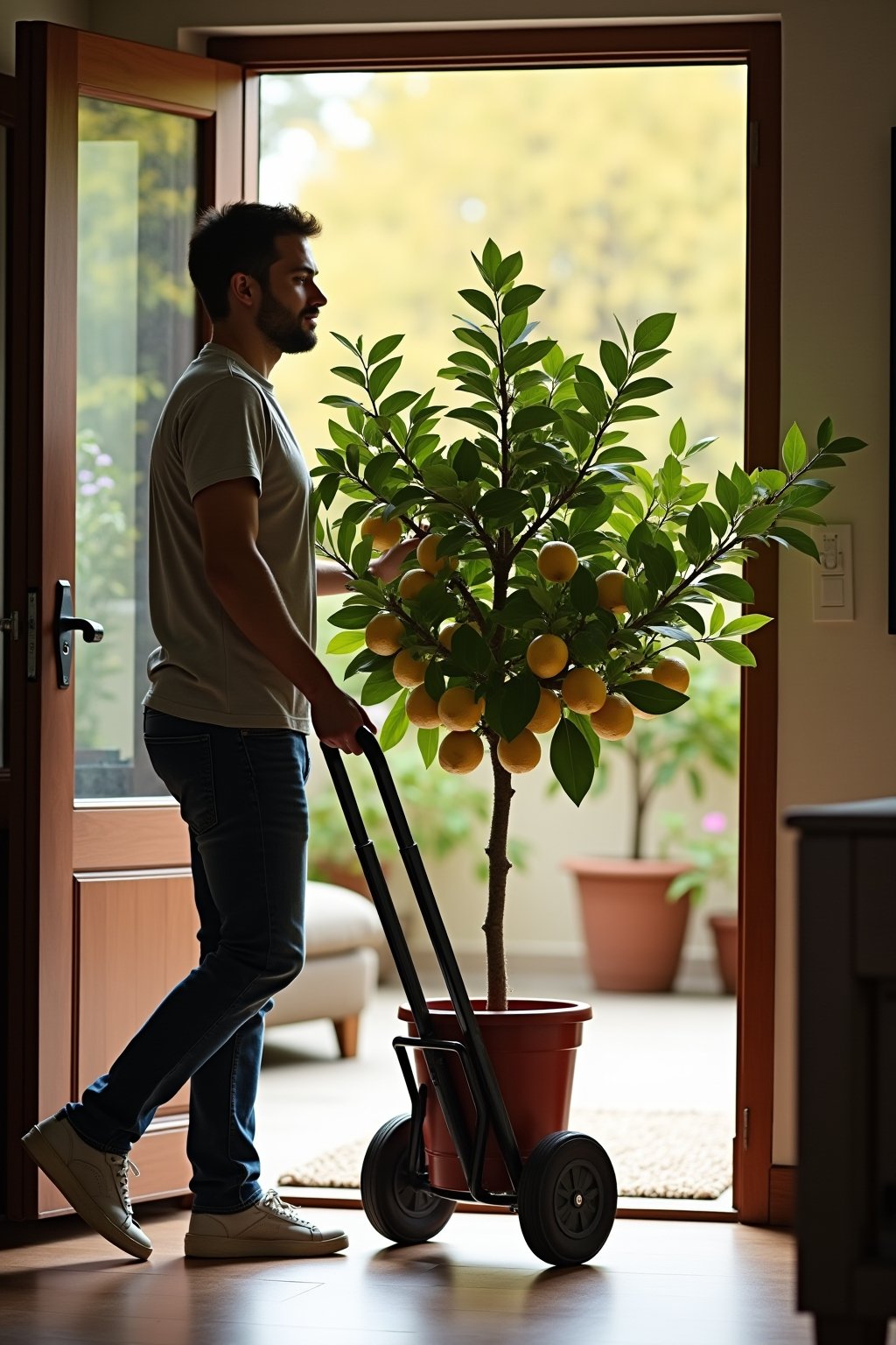 A person moving a potted lemon tree indoors on a wheeled dolly through a patio door, the tree has a few ripe lemons and green leaves, inside is a bright living room with a south-facing window, tran...