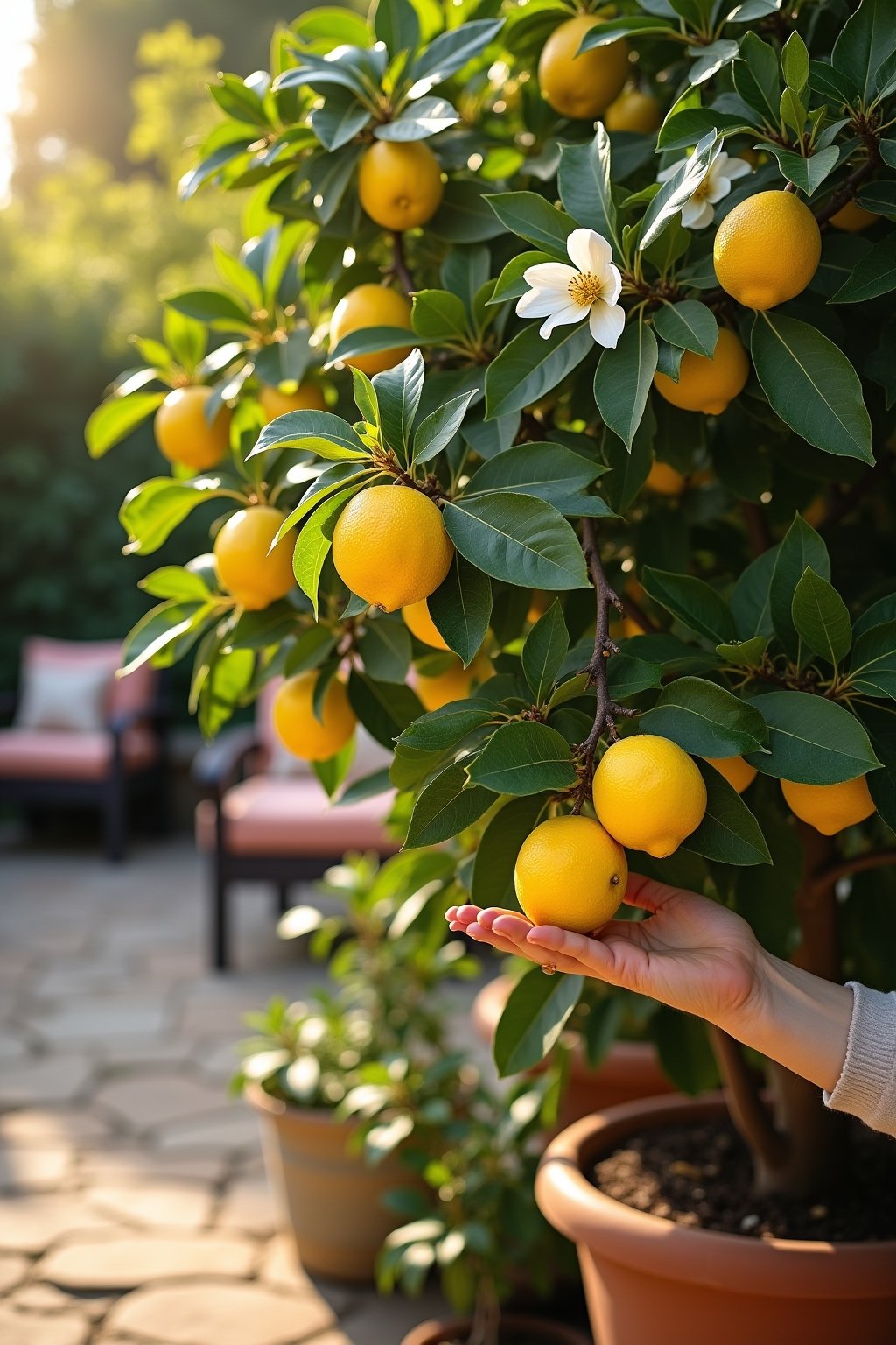 A beautiful Meyer lemon tree in a large pot on a sunny patio, loaded with bright yellow ripe lemons and white fragrant blossoms, glossy dark green leaves, a hand reaching to pick a ripe lemon, warm...