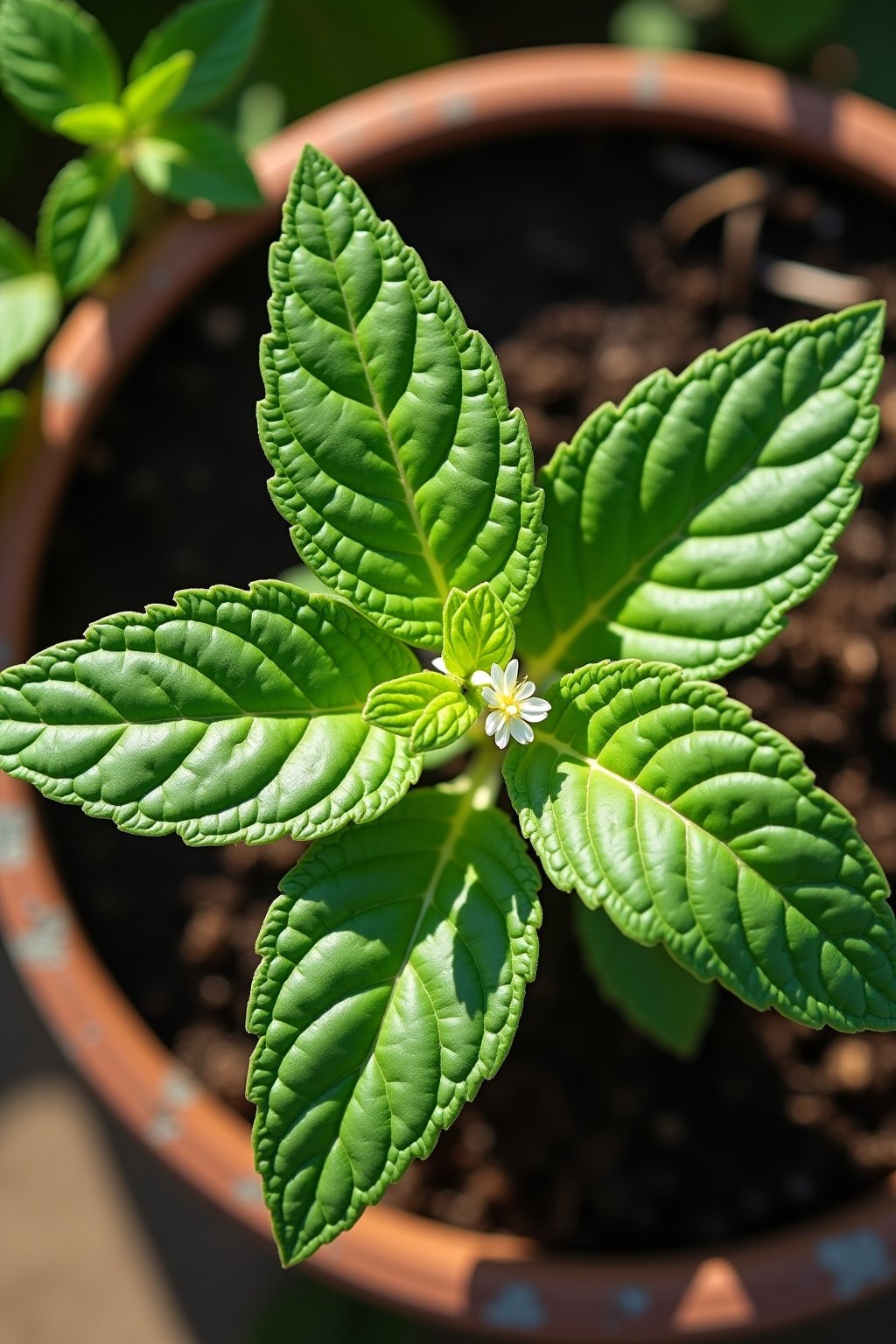 Close-up overhead photograph of fresh mint leaves being harvested from a container, showing the proper cut point just above a leaf pair, bright green vibrant leaves, visible small white flowers bei...