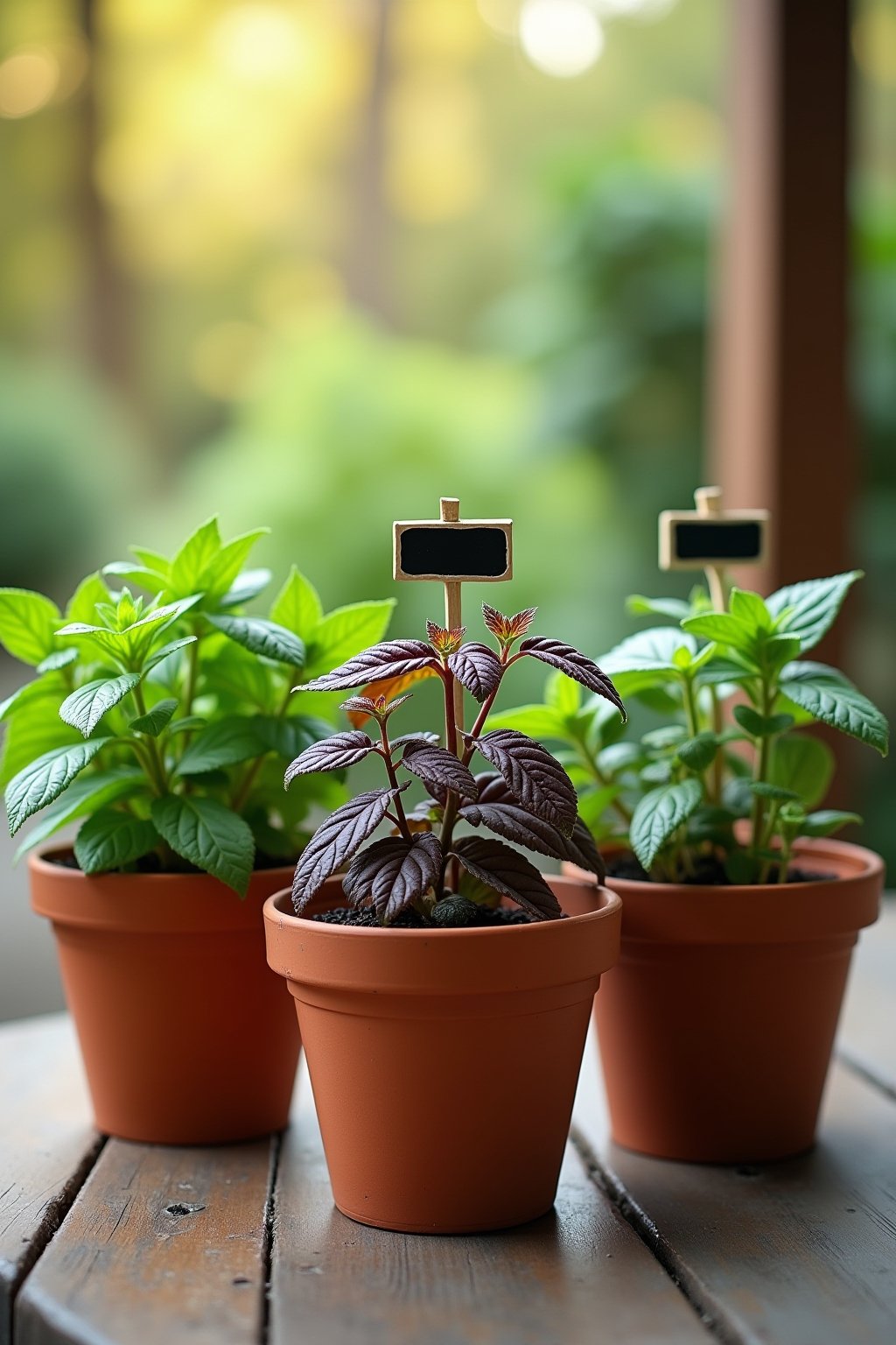 Three different mint varieties in separate terracotta pots arranged together: spearmint with bright green leaves, peppermint with darker purplish stems, and chocolate mint with dark brown-green lea...