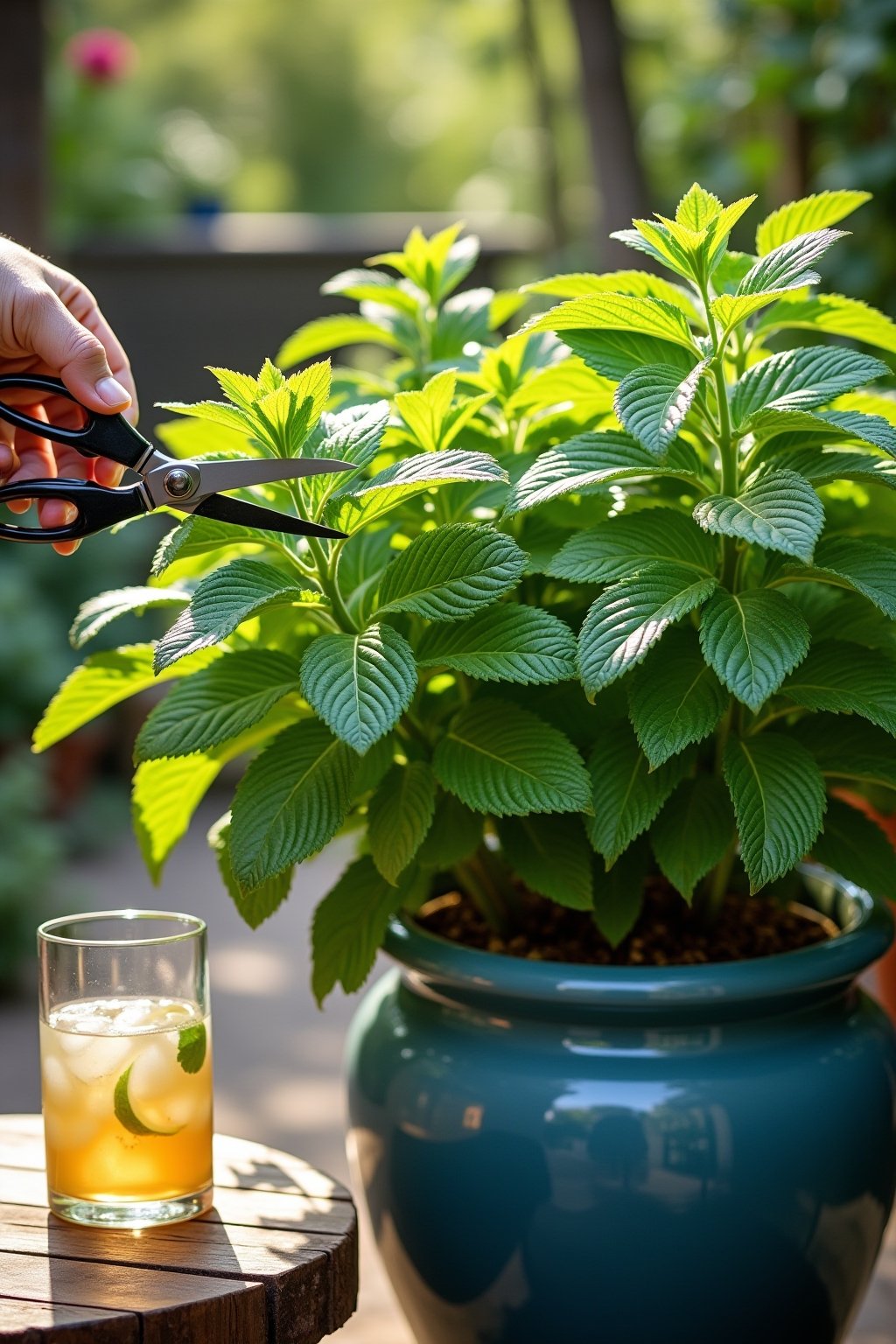A lush bushy mint plant growing in a large blue glazed ceramic pot on a sunny patio, vibrant bright green leaves, a hand holding a pair of scissors about to harvest a stem, a glass of iced mint tea...