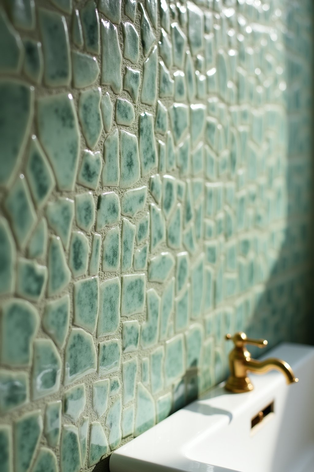 Close-up detail of hand-painted moroccan zellige tiles on a bathroom wall showing irregular glazed surface catching the light
