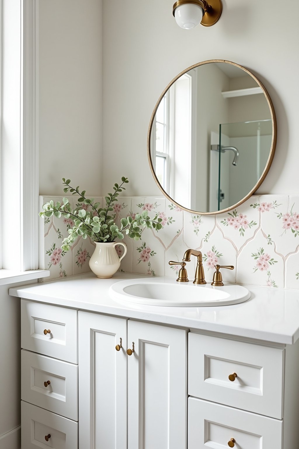 A bathroom vanity backsplash with soft floral hand-painted tiles in muted pink and green on white background