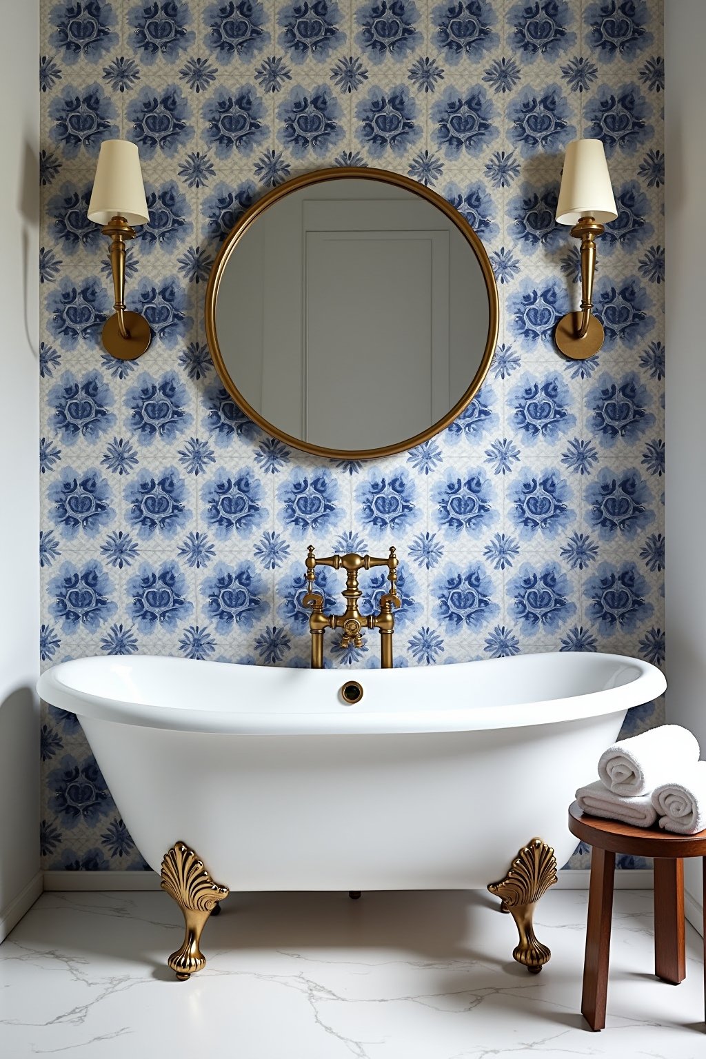 A stunning bathroom with a wall of blue and white delft-style hand-painted tiles behind a white freestanding bathtub