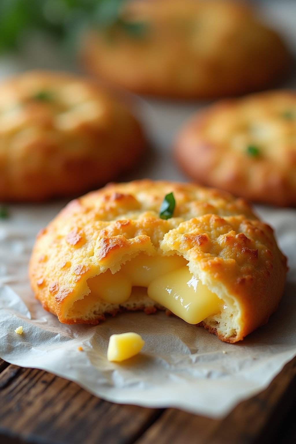 Macro of a single homemade cheddar cracker broken in half showing the flaky cheesy interior, golden edges, sharp focus on texture and crumb, on parchment paper.