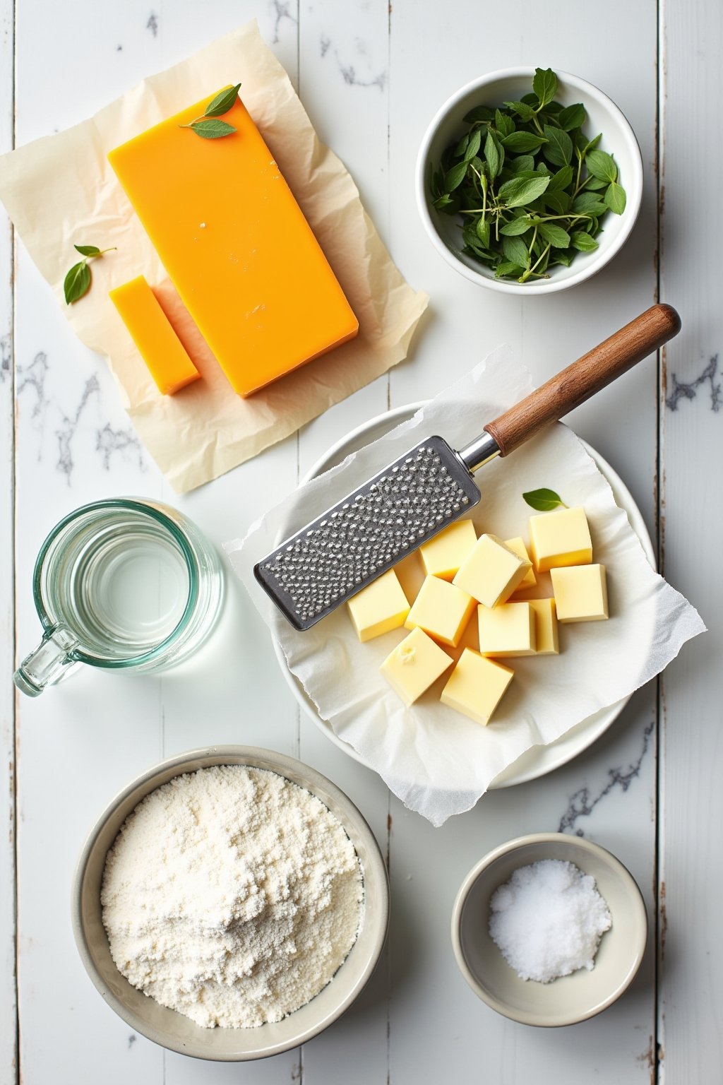 Overhead flat lay of cheddar cracker ingredients on a white marble counter: a block of orange cheddar with a grater, cubed butter on parchment, a glass jar of flour, kosher salt in a small bowl, ic...