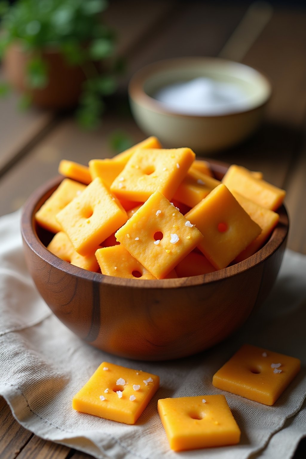 A wooden bowl overflowing with homemade orange cheddar cheese crackers, perfectly square with center holes, on a rustic kitchen counter, a few crackers spilled on a linen napkin beside the bowl, sp...