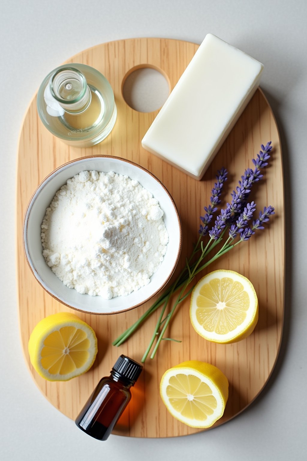 Close-up shot of natural cleaning ingredients arranged on a light wooden cutting board
