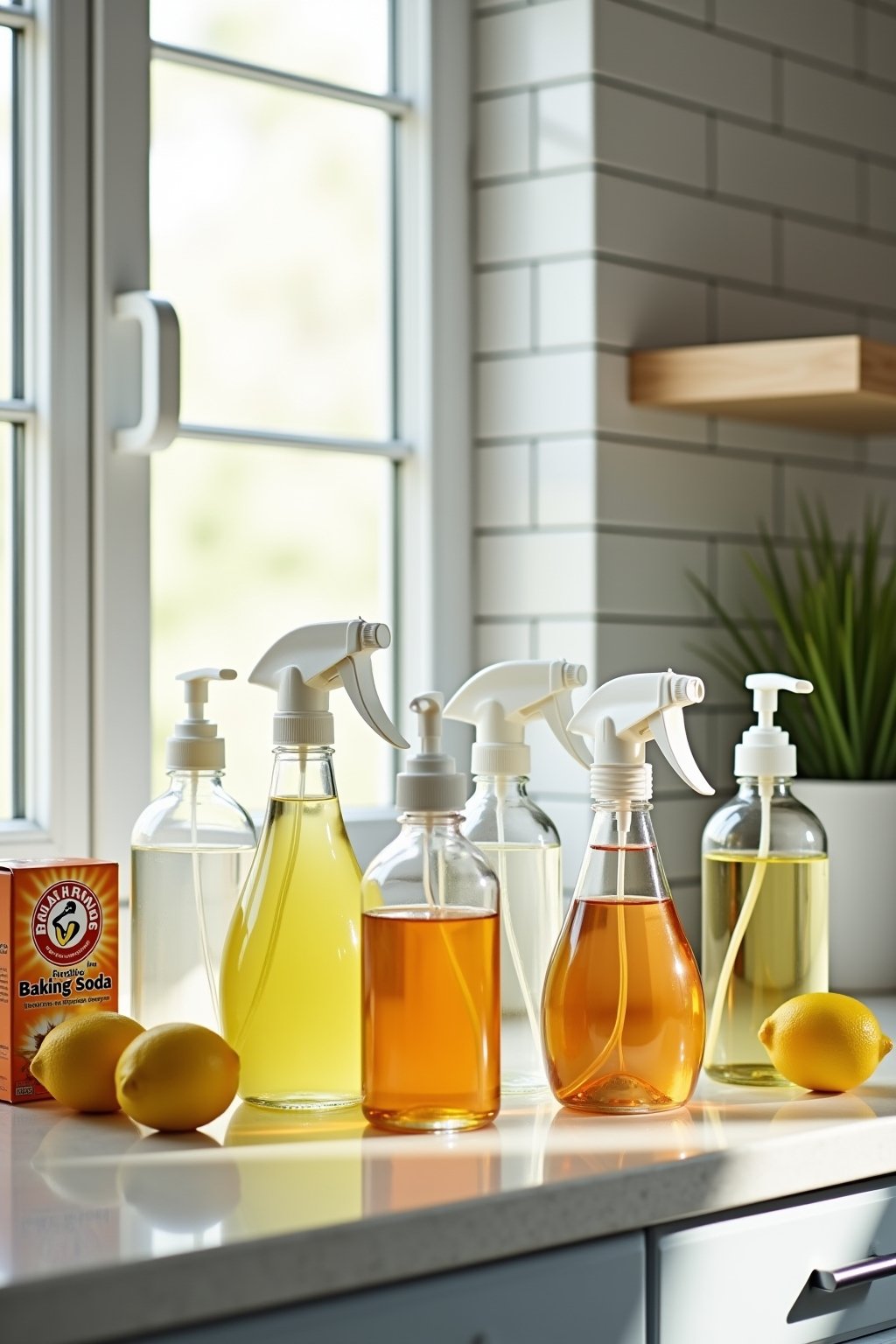 A bright clean kitchen counter with seven glass spray bottles and mason jars filled with homemade cleaning solutions