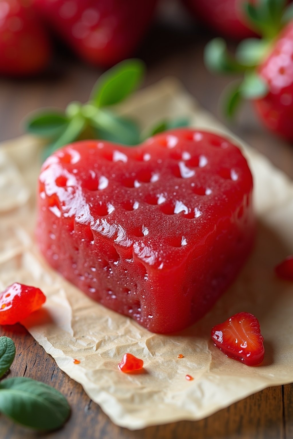 Macro of a single homemade fruit snack heart, deeply translucent red, glossy surface, soft chew visible, on parchment paper with a few real strawberry pieces nearby.
