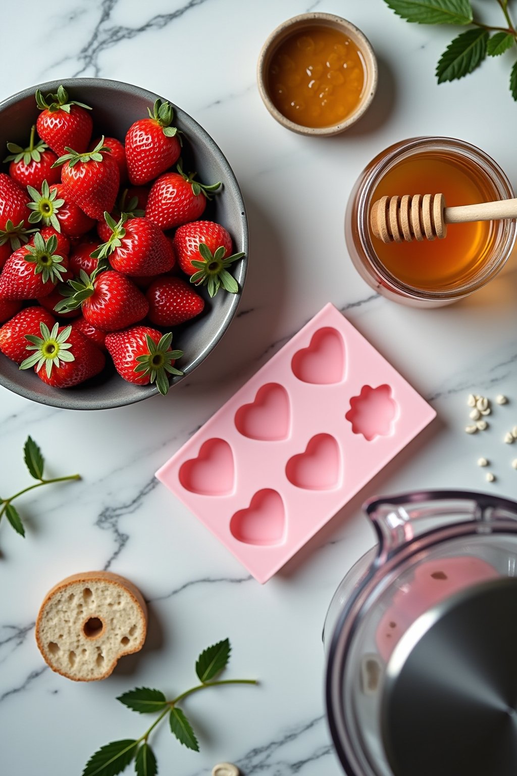 Overhead flat lay of fruit snack ingredients on a marble counter: a bowl of fresh strawberries, small jar of honey with wooden dipper, a packet of unflavored gelatin, silicone molds (hearts and sta...