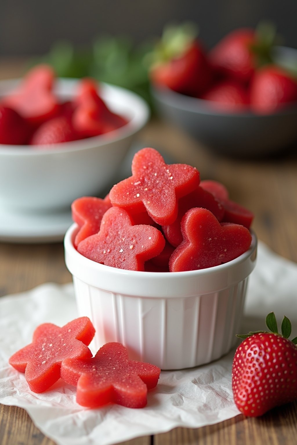 A small white ceramic bowl piled with bright homemade strawberry fruit snacks shaped like hearts and stars, glossy and translucent red, a few snacks scattered on parchment paper beside the bowl, wi...