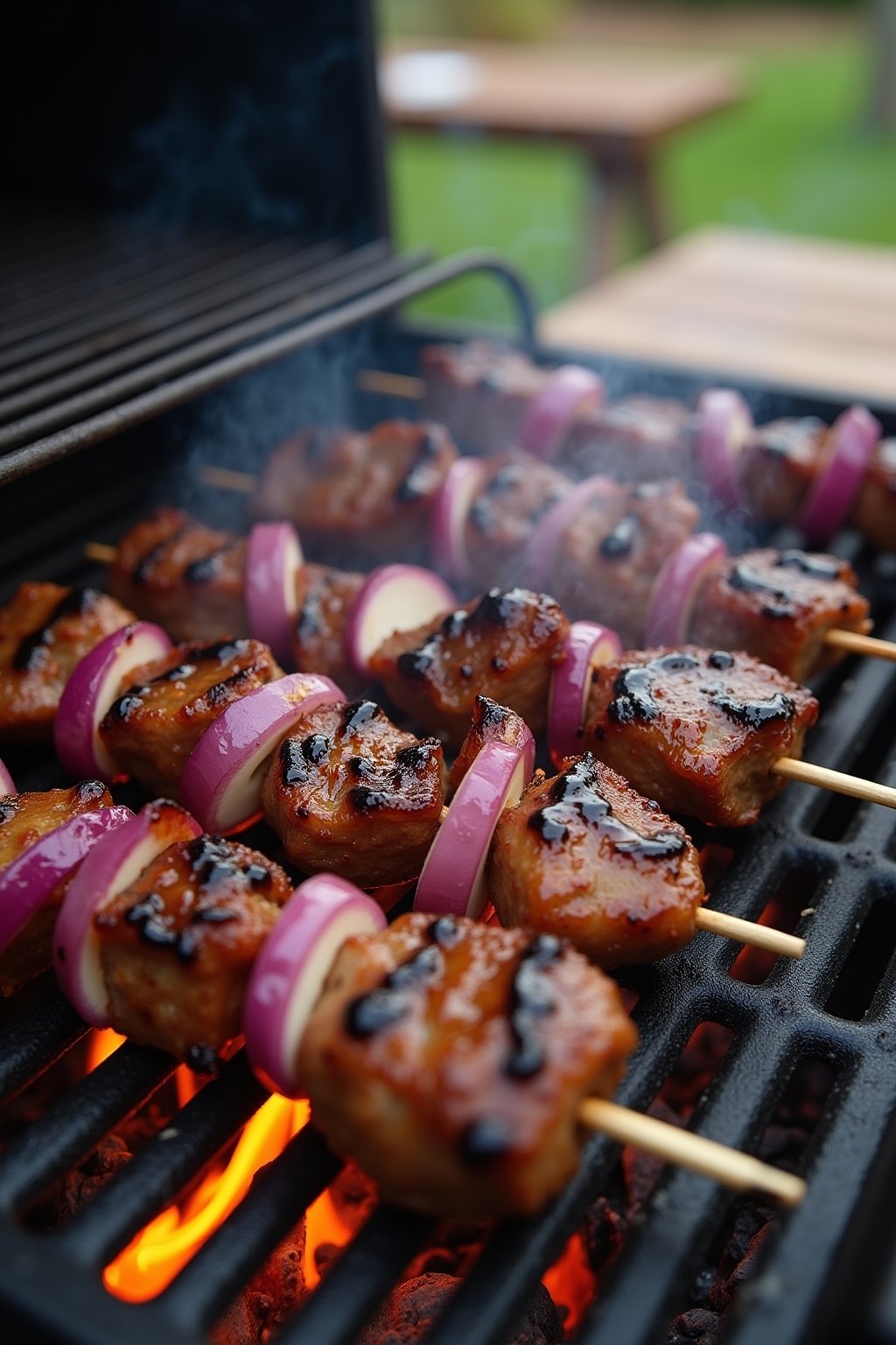 Close-up of steak kebabs searing on hot grill grates, deep brown crust with visible char marks, flames licking up between the grates, red onion edges blackening, glossy balsamic glaze bubbling on t...