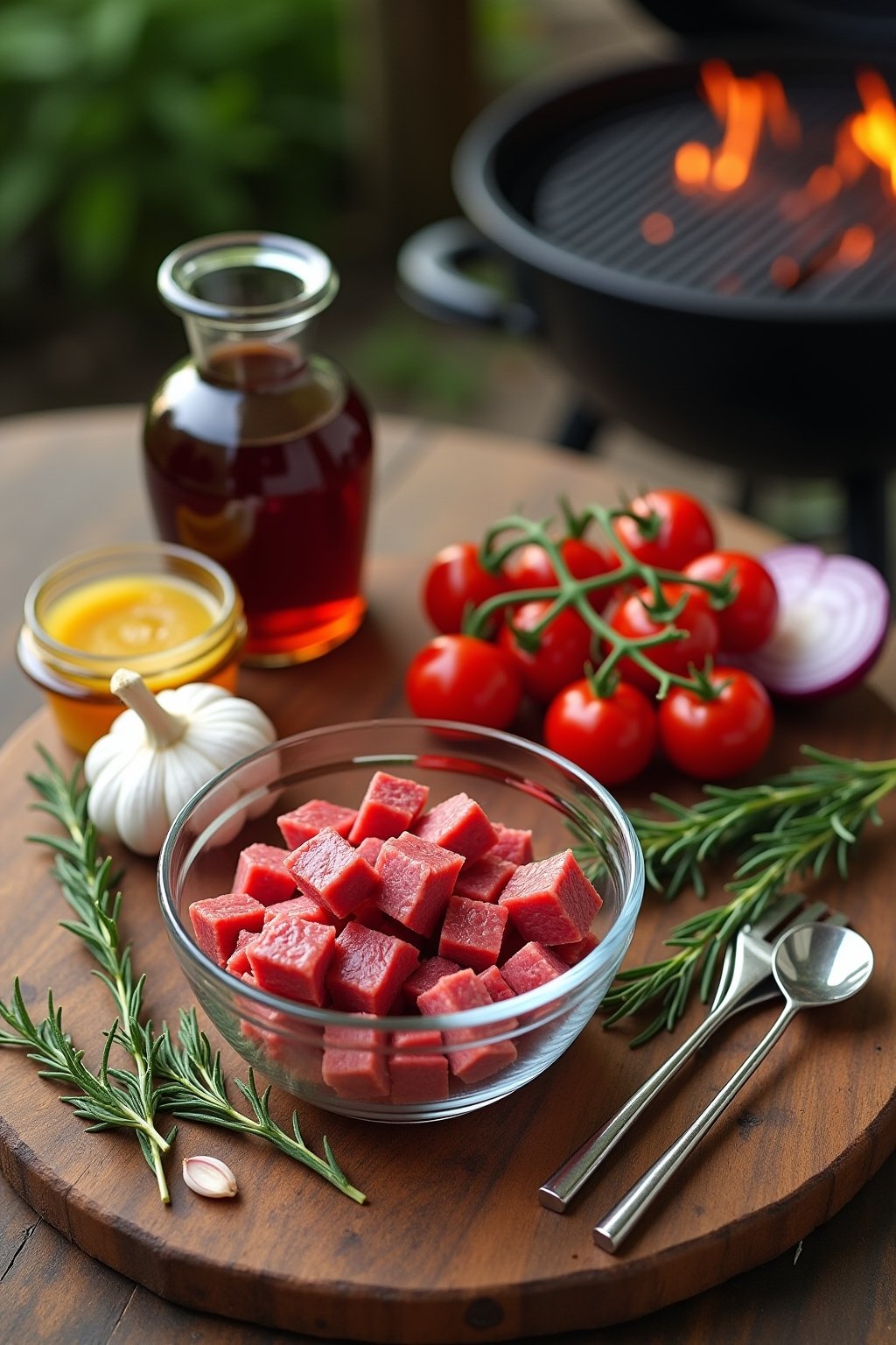Overhead flat lay on a rustic outdoor wooden table: cubed raw beef sirloin in a glass bowl, a bottle of balsamic vinegar, amber honey in a small jar, dijon mustard, fresh rosemary and thyme sprigs,...
