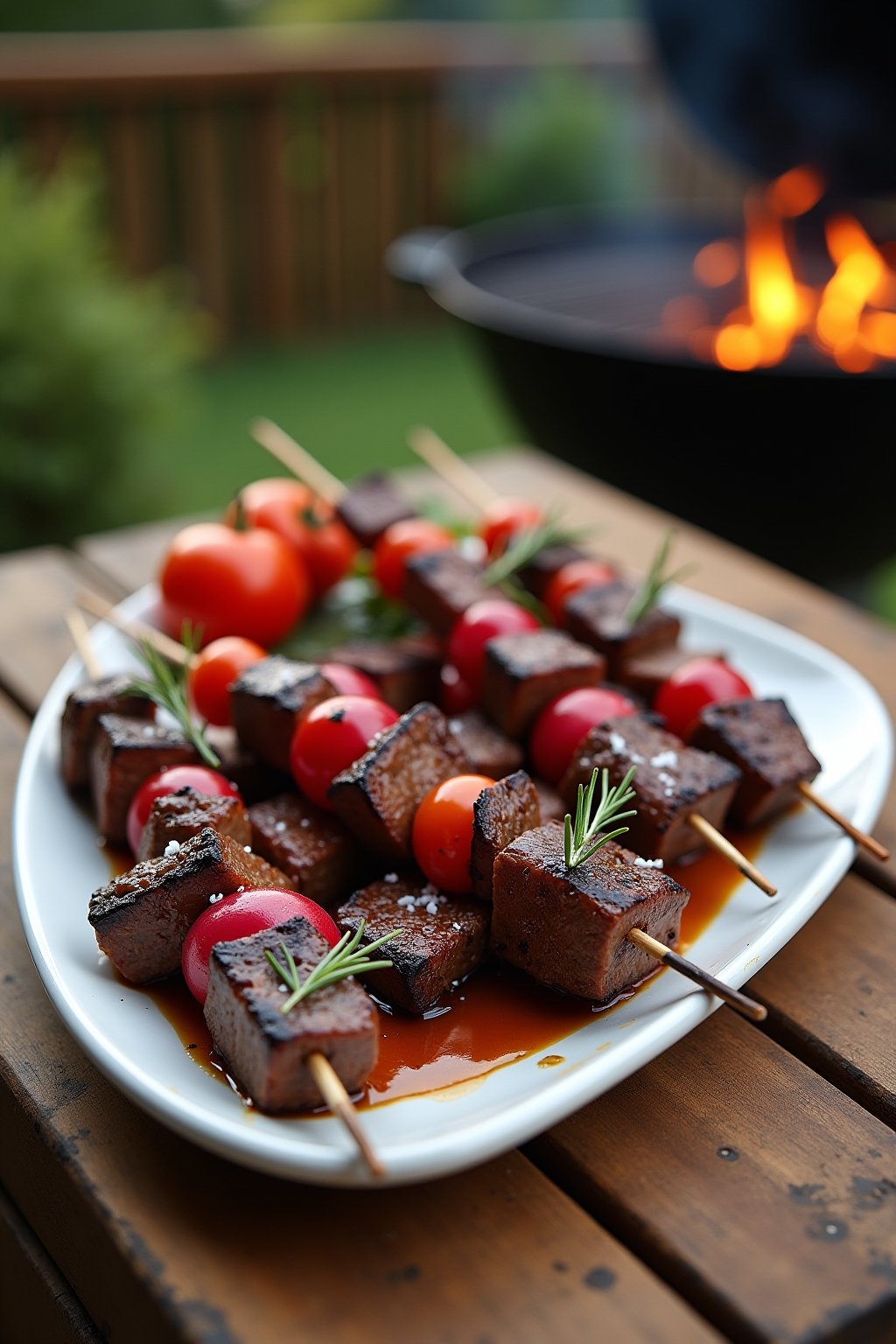 Glossy honey balsamic steak kebabs on a white ceramic platter on an outdoor wooden table, deeply charred beef cubes alternating with red onion, bright red cherry tomato skewers alongside, sticky da...