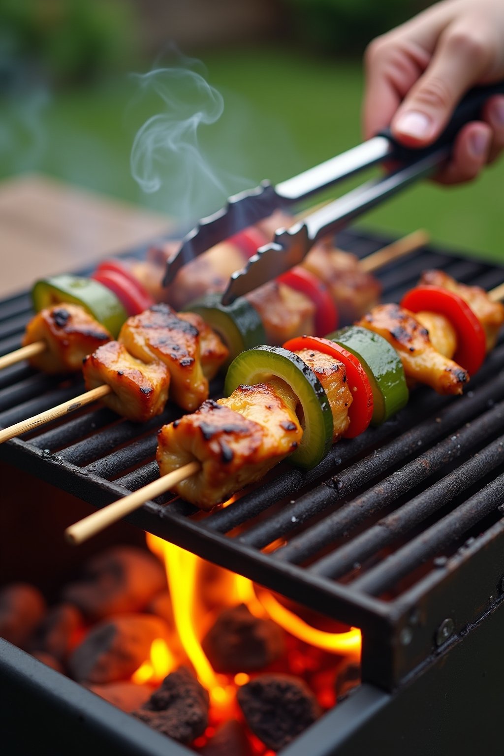 Close-up of chicken skewers sizzling on hot grill grates, flames flickering below, visible grill marks, red and green vegetables charred on the edges, honey glaze bubbling and caramelizing, tongs t...