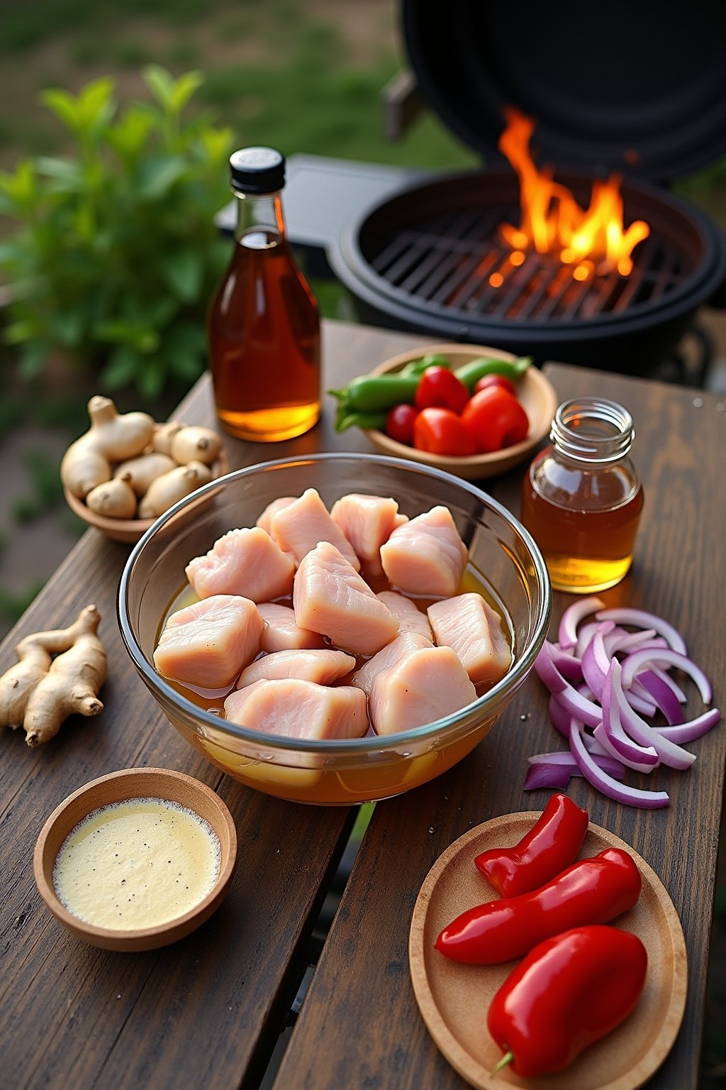 Overhead flat lay on a rustic outdoor wooden table: raw cubed chicken thighs in a clear glass bowl with amber honey garlic marinade, fresh minced garlic, grated ginger, a bottle of soy sauce, bottl...