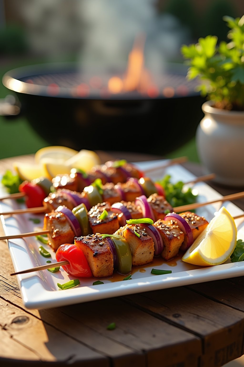 Glossy honey garlic chicken skewers on a white ceramic platter on an outdoor wooden table, deep caramelized chicken cubes alternating with red onion and bell pepper, sesame seeds and sliced green o...