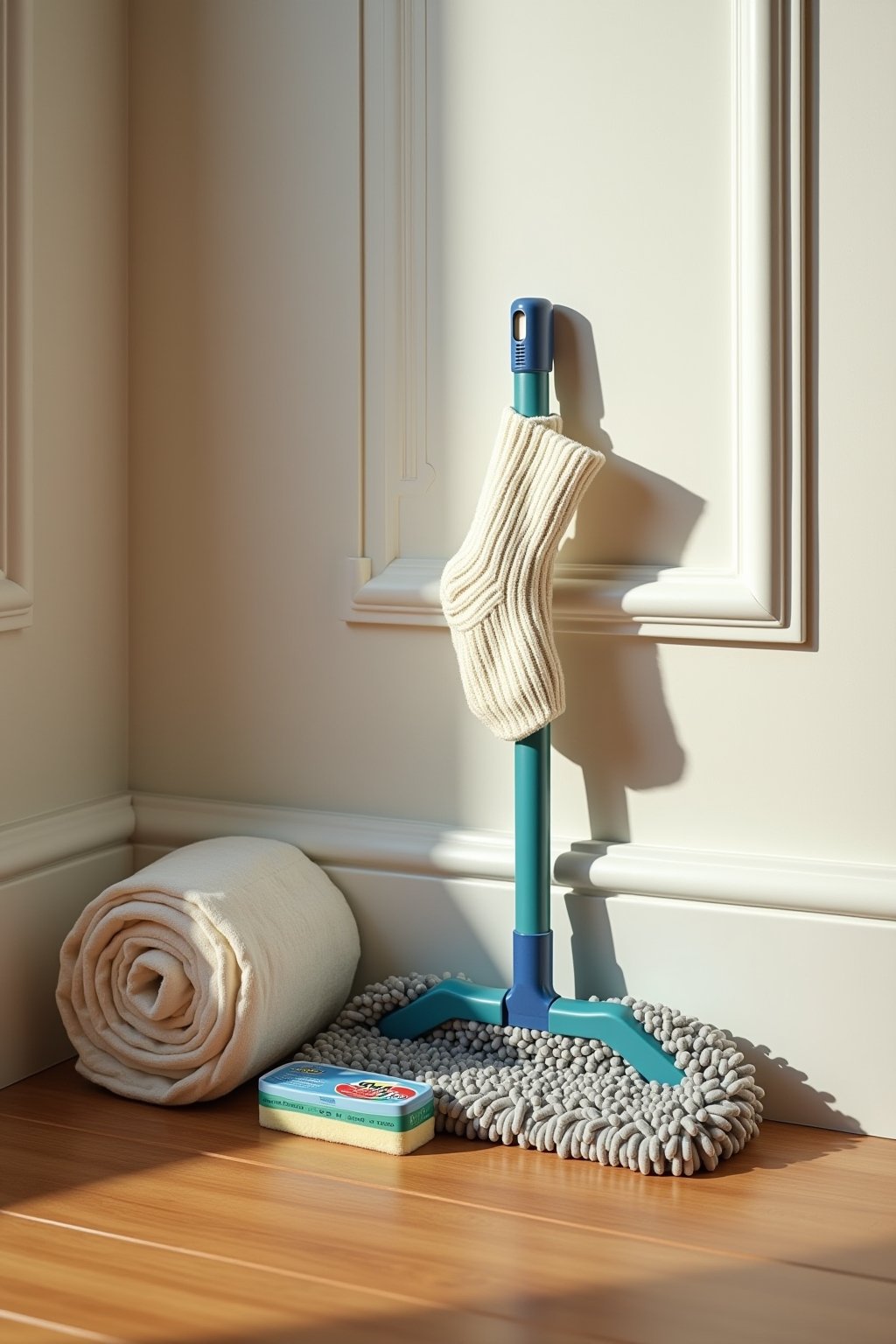 Close-up of baseboard cleaning supplies arranged on a hardwood floor