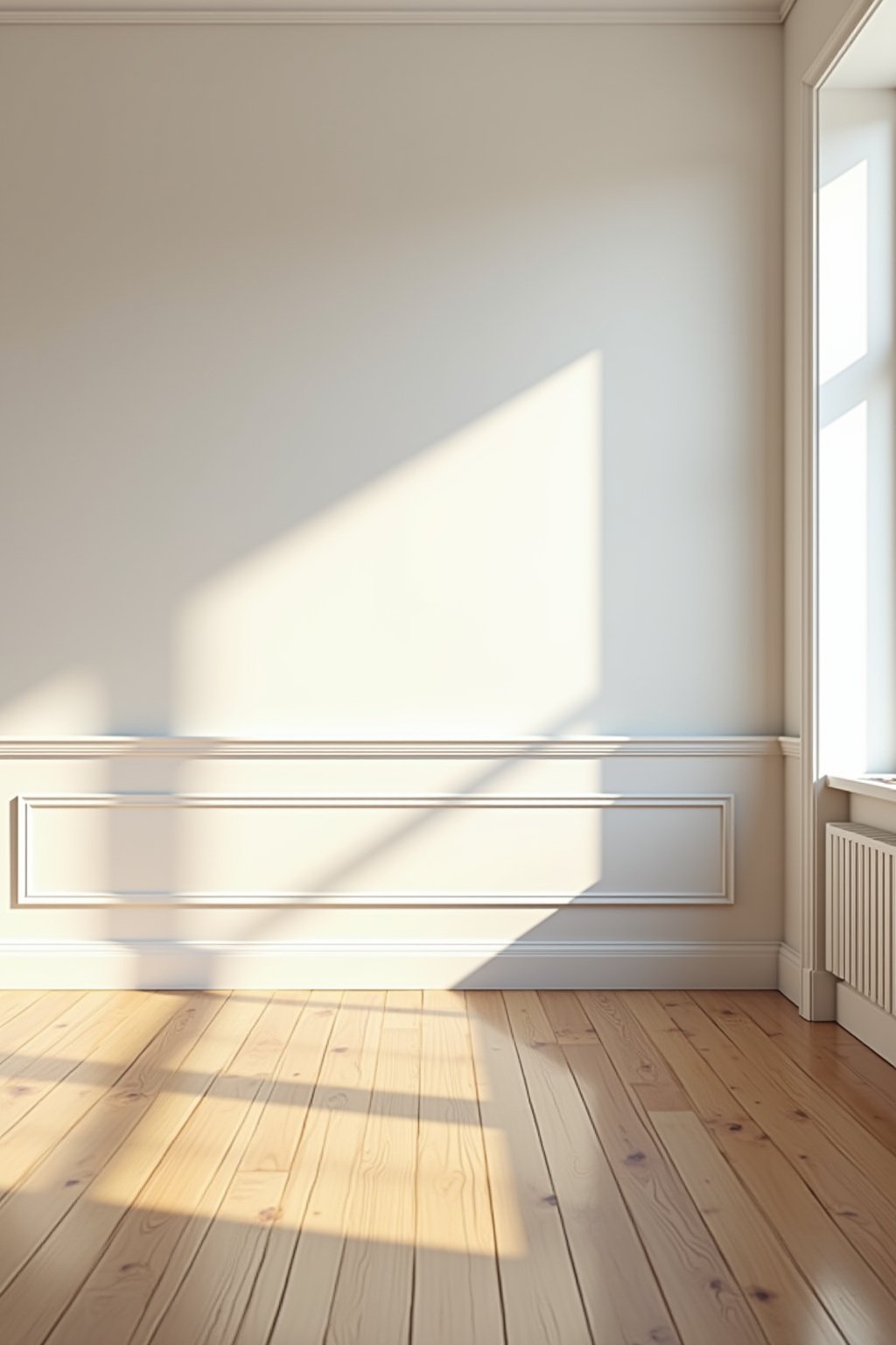 Wide shot of a bright clean living room with perfectly clean white baseboards along the wall